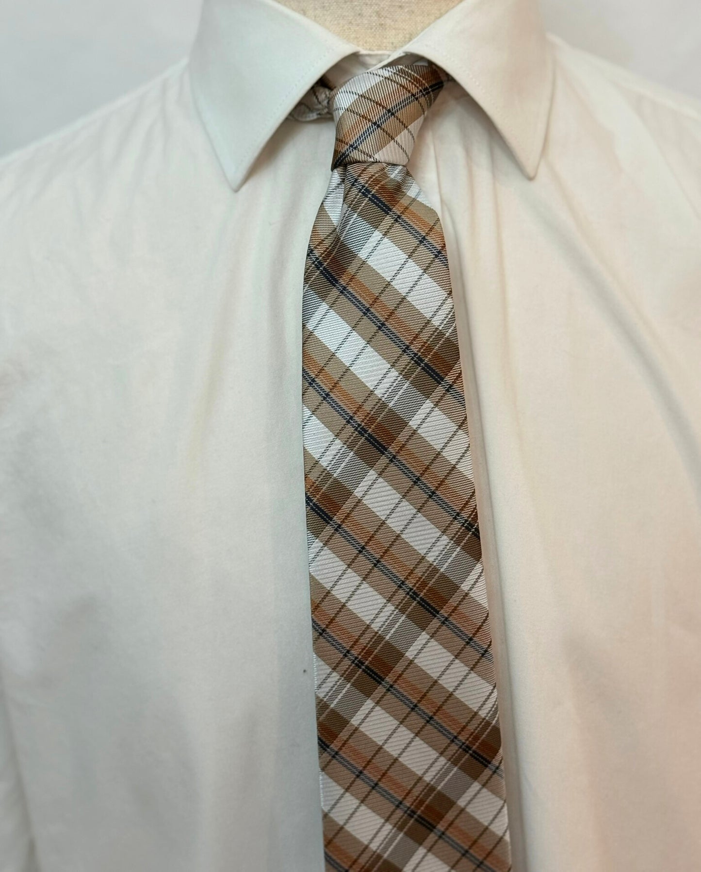 Red, Blue, and White Stripes On Tan Plaid Necktie