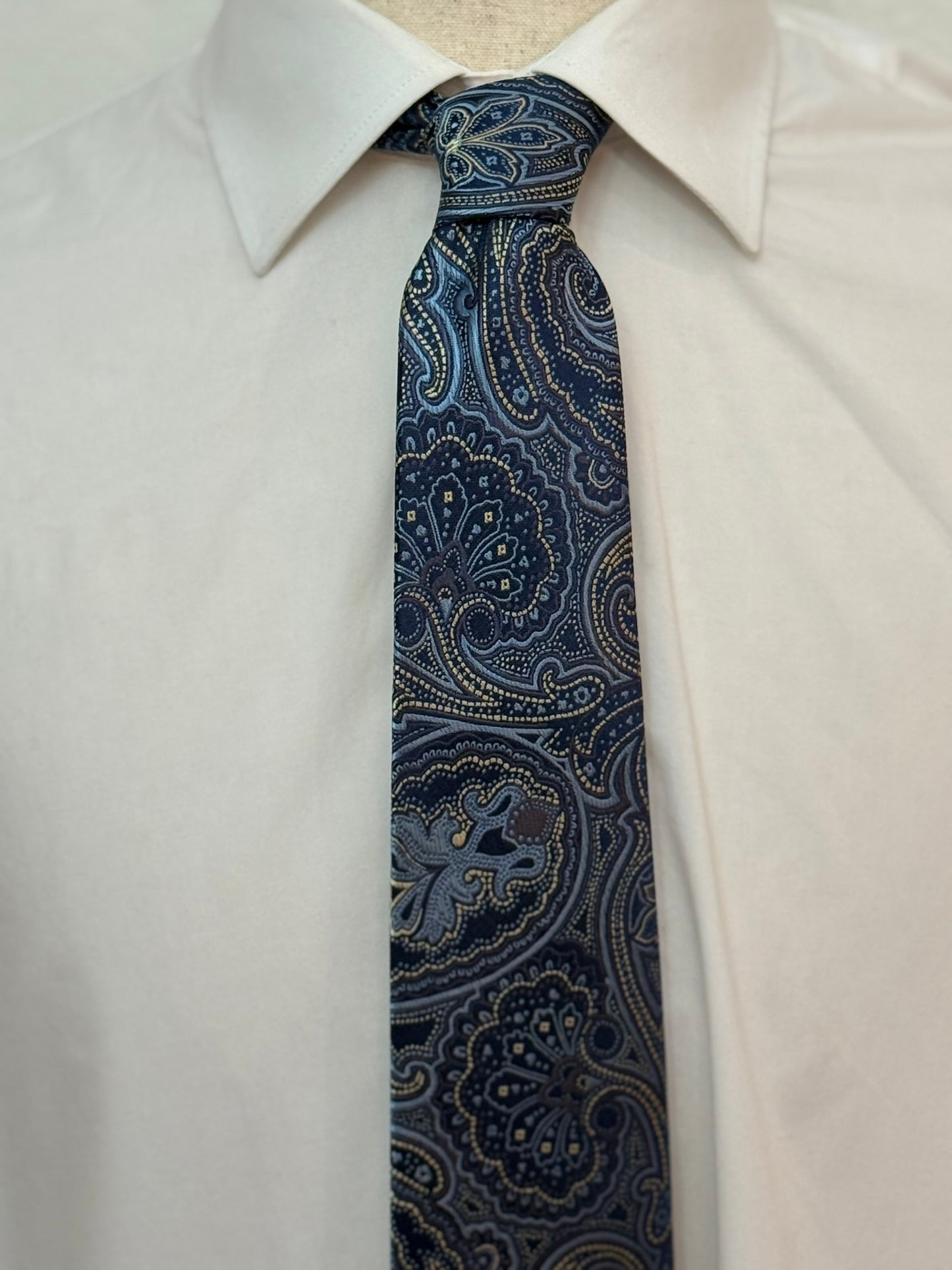 Steel Blue, Gold, and Navy Paisley Necktie