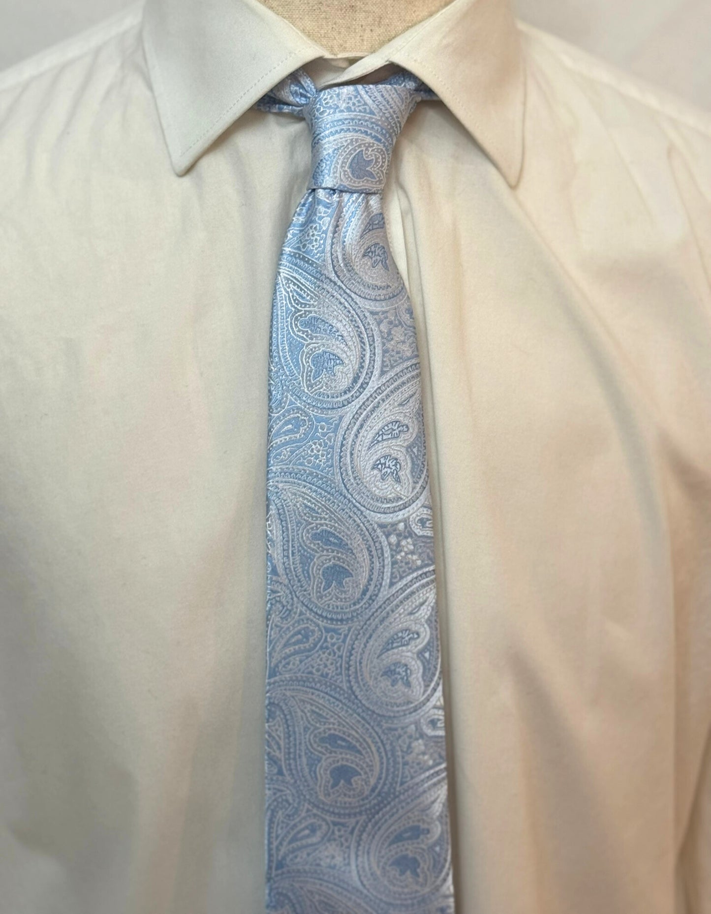 White and Sky Blue on Grey Paisley Necktie