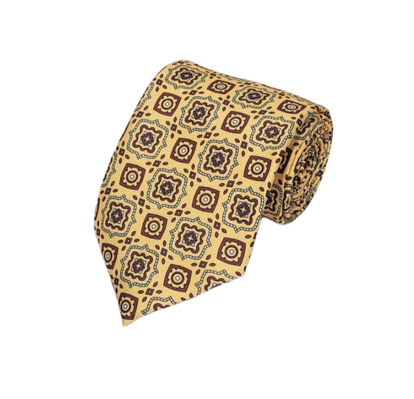 Burgundy, Grey on Yellow Geometric Necktie
