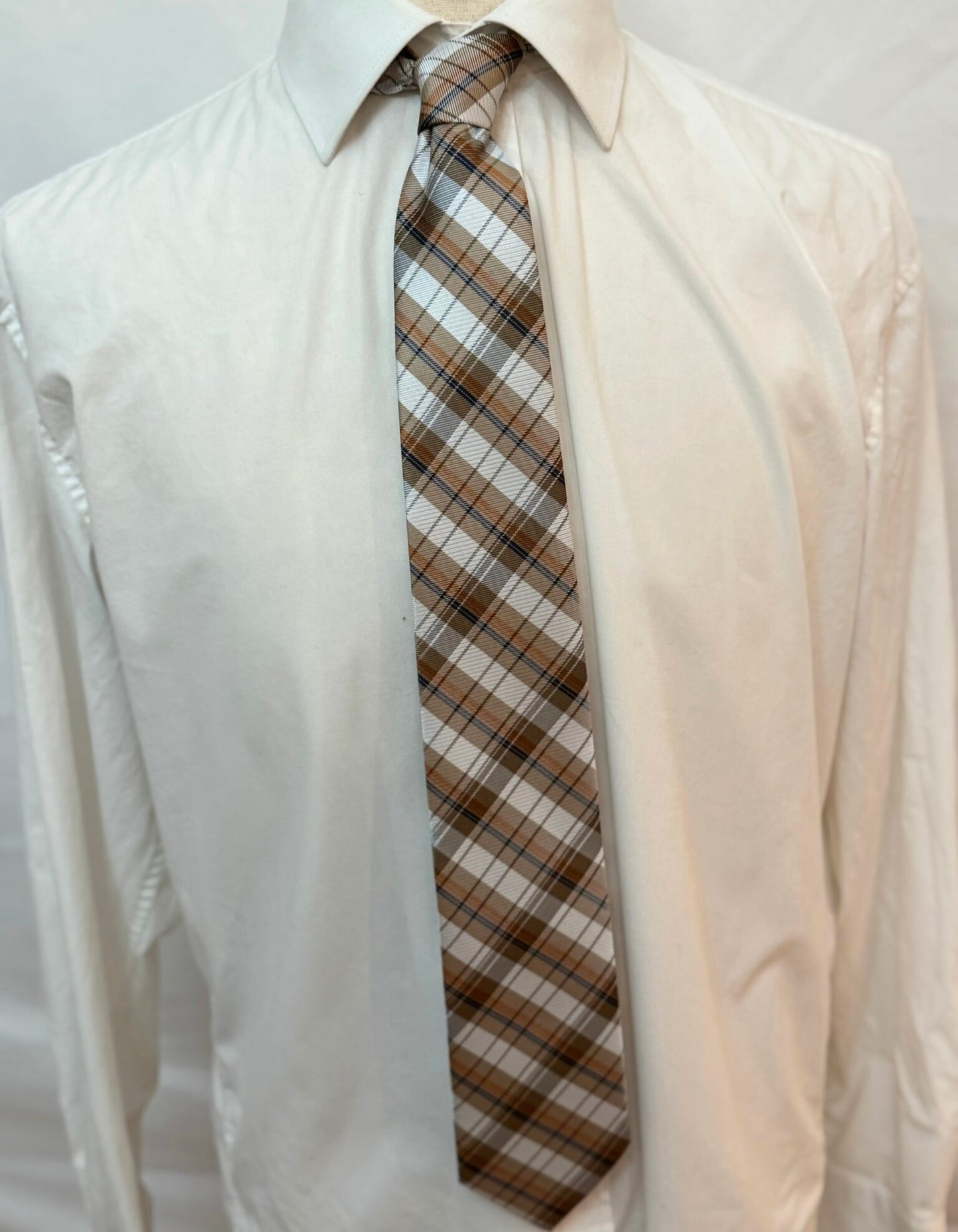 Red, Blue, and White Stripes On Tan Plaid Necktie