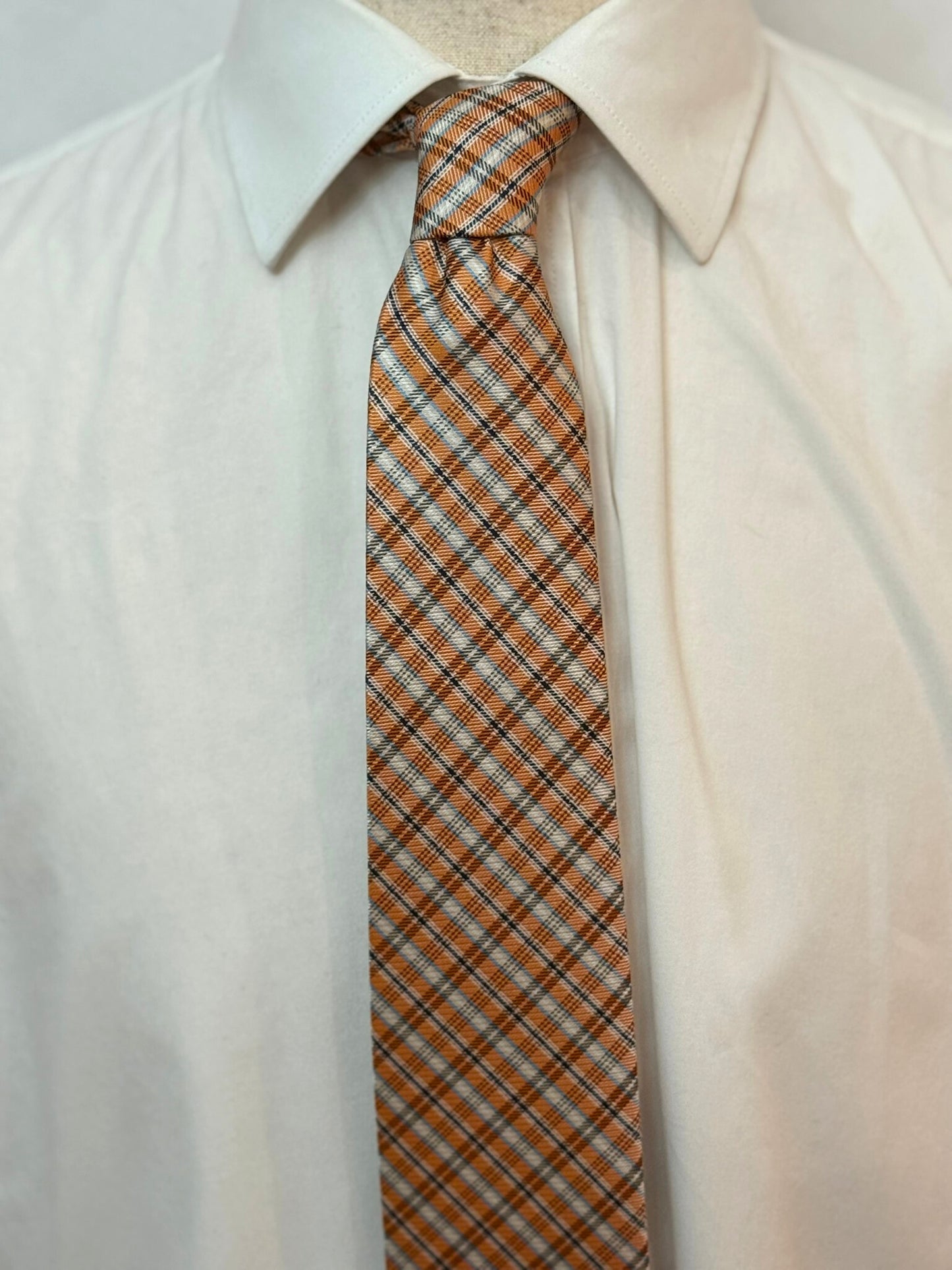 White, Powder Blue, and Navy on Orange Plaid Necktie
