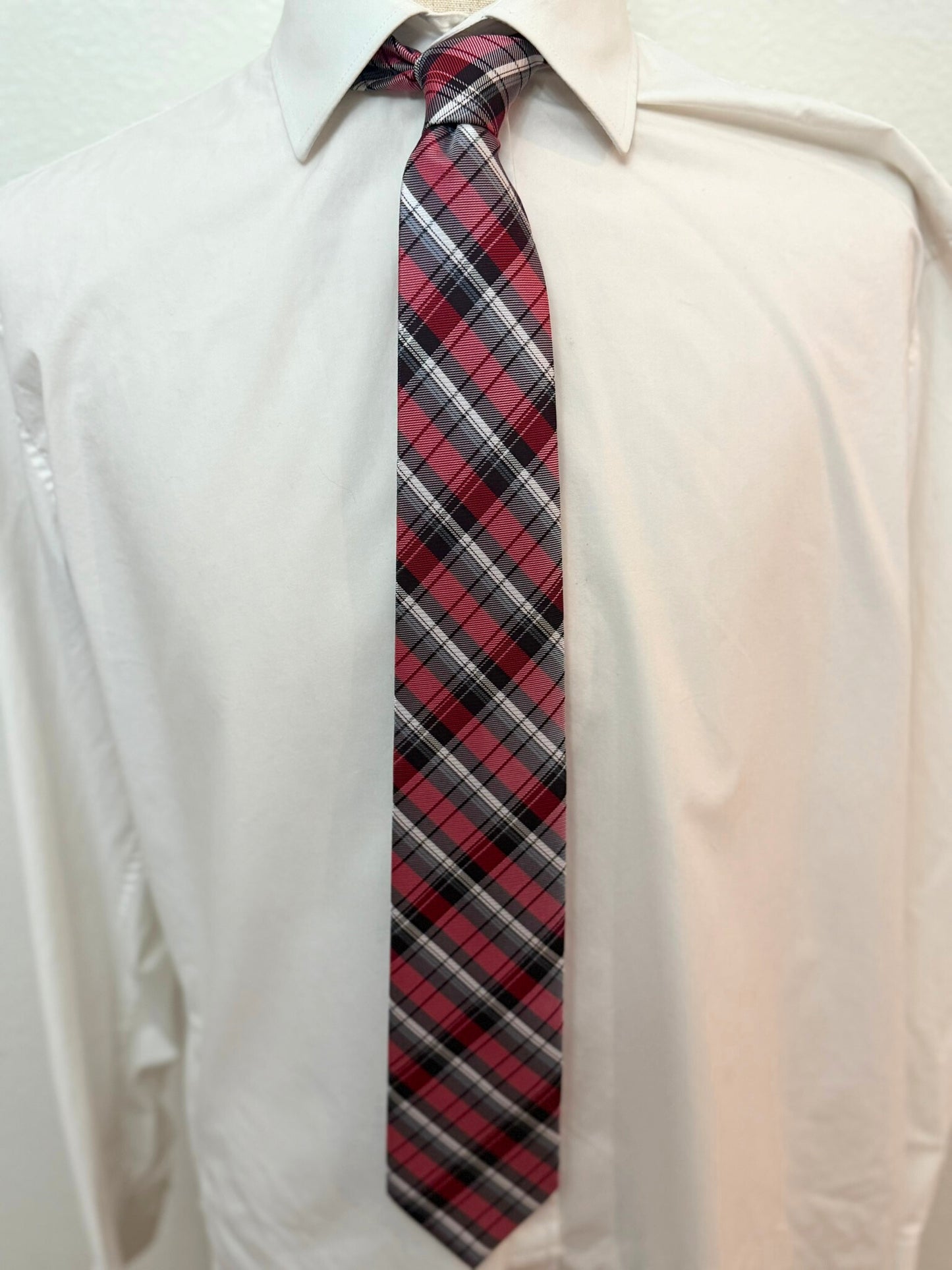 White, Gray, and Black Stripes on Red Plaid Necktie
