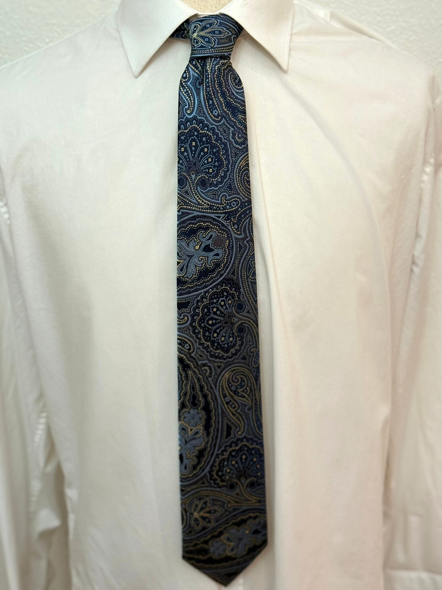 Steel Blue, Gold, and Navy Paisley Necktie