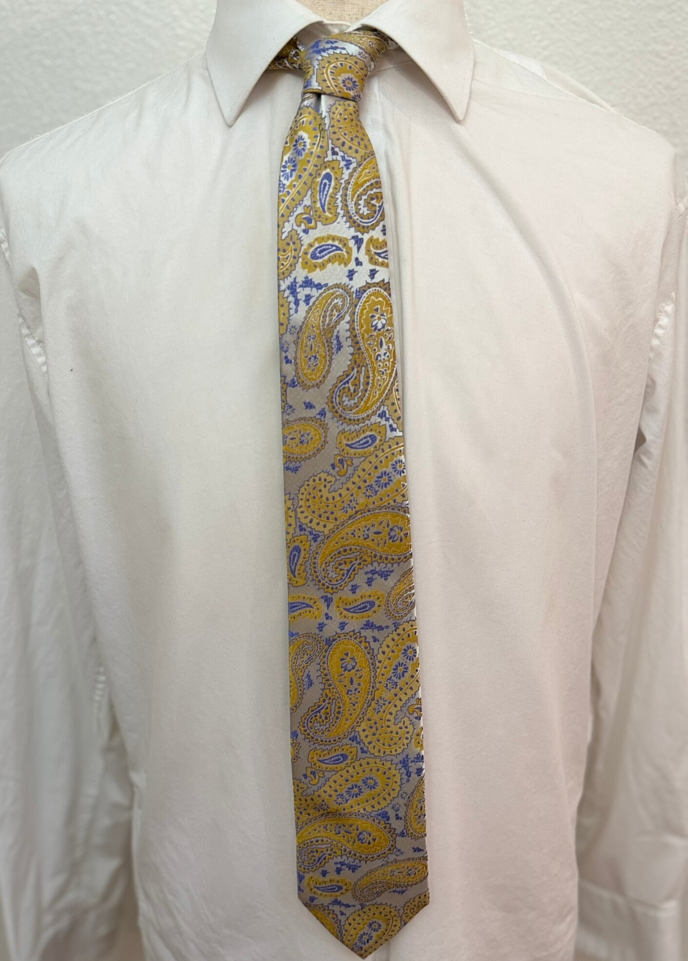 Mustard and Steel Blue Platinum Paisley Necktie