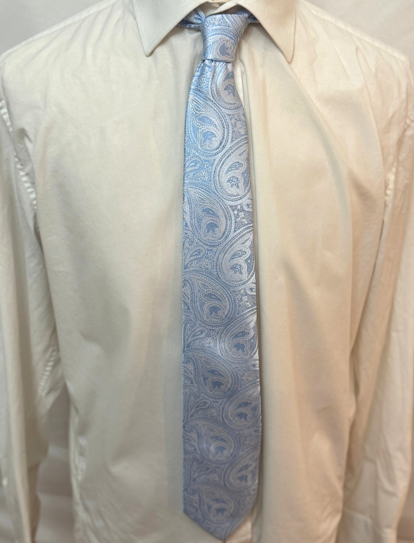 White and Sky Blue on Grey Paisley Necktie