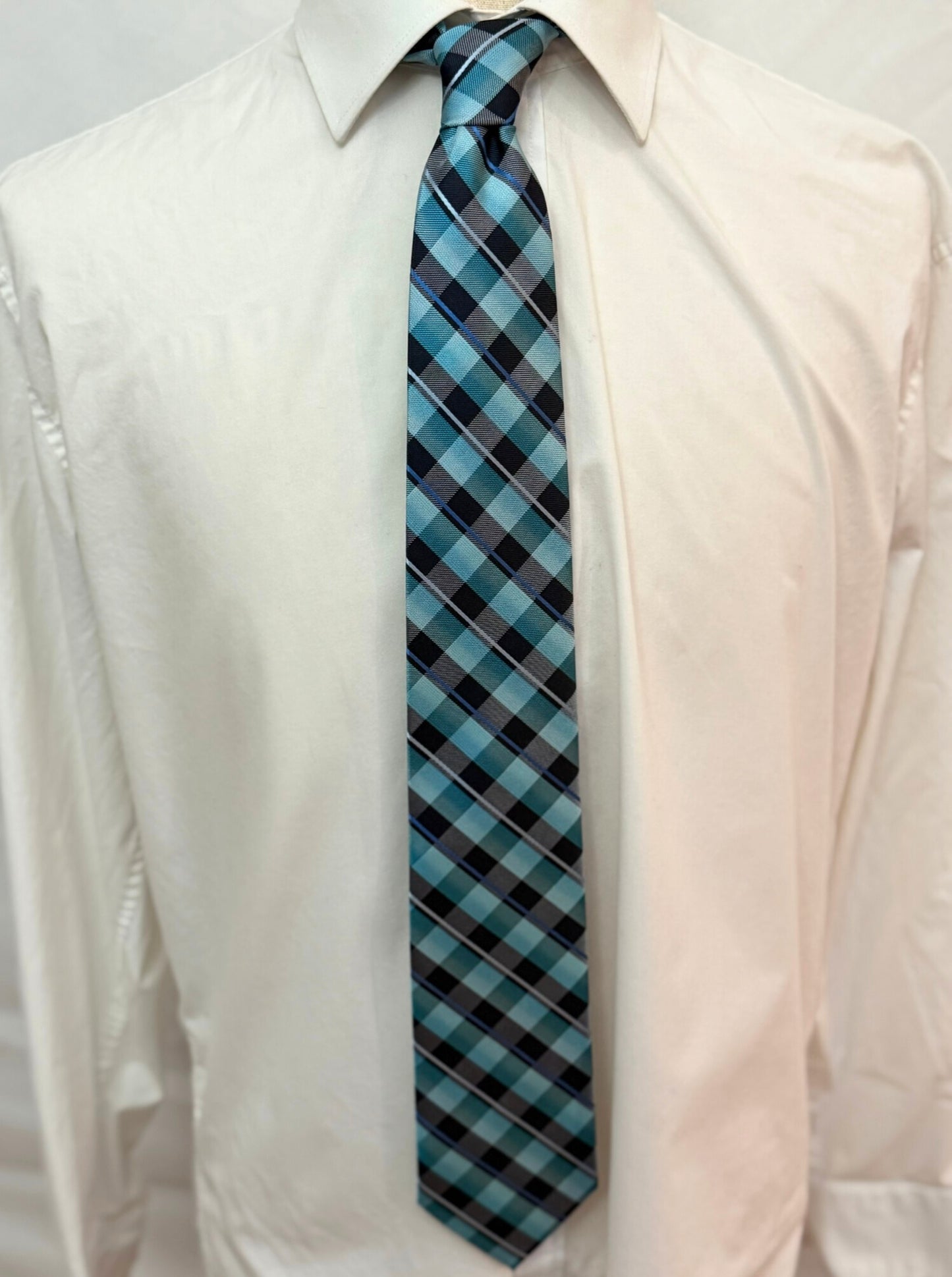 Multi Aqua Blue, Green, Black and Silver Plaid Necktie