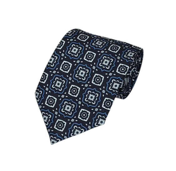 Royal Blue, Grey on Navy Geometric Necktie
