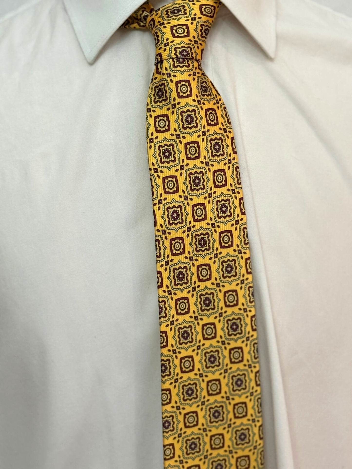 Burgundy, Grey on Yellow Geometric Necktie