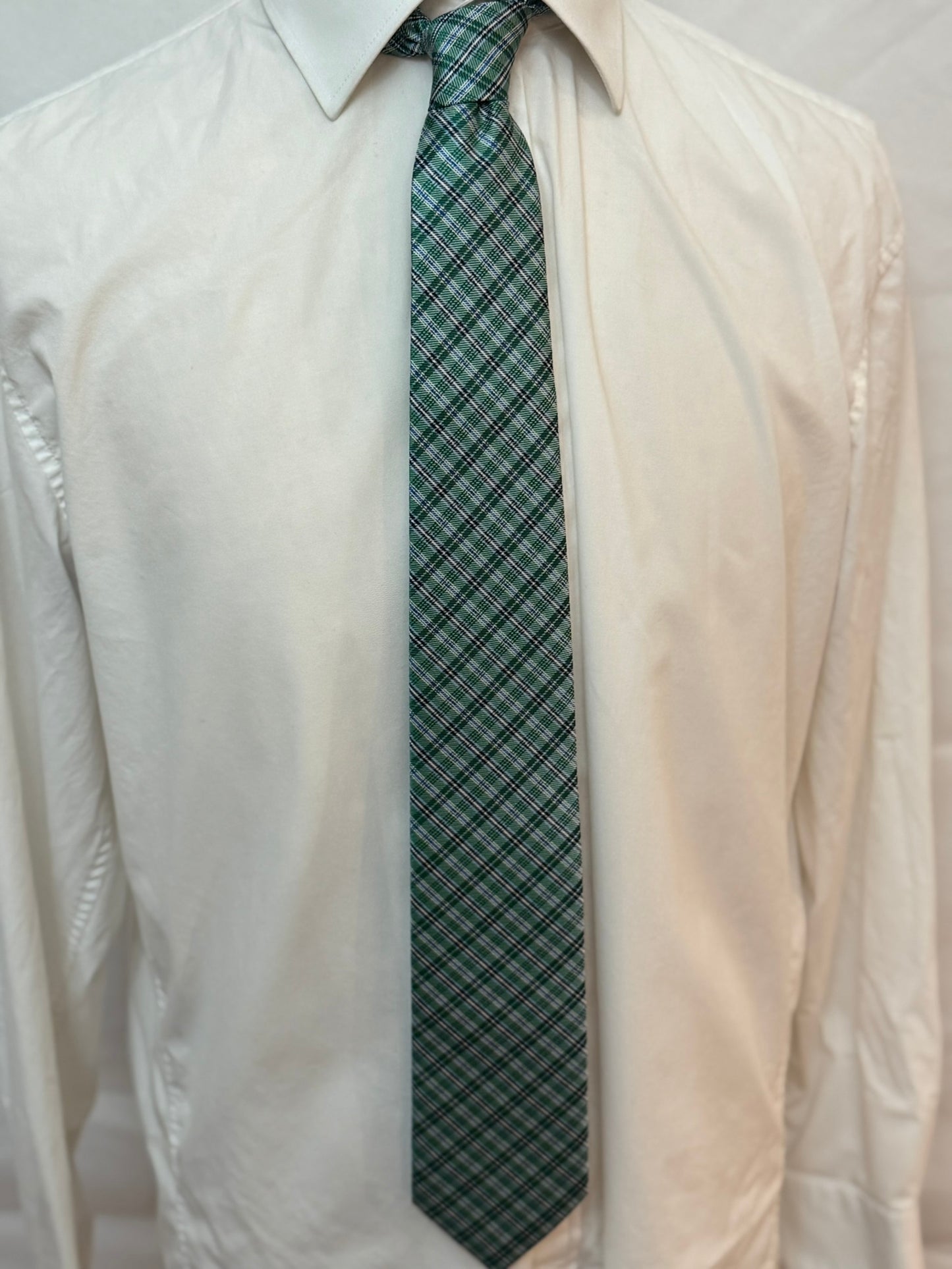White, Black, Blue Multi Striped on Green Plaid Necktie