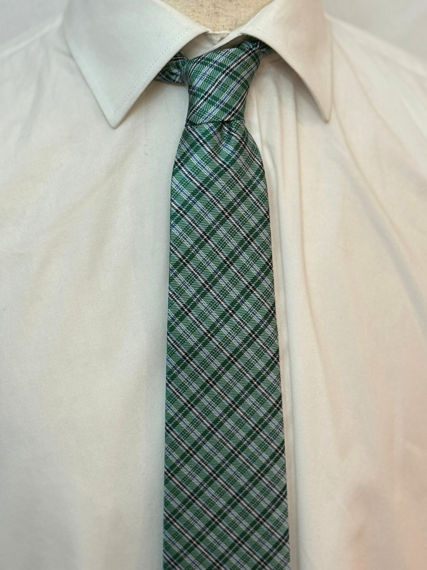 White, Black, Blue Multi Striped on Green Plaid Necktie