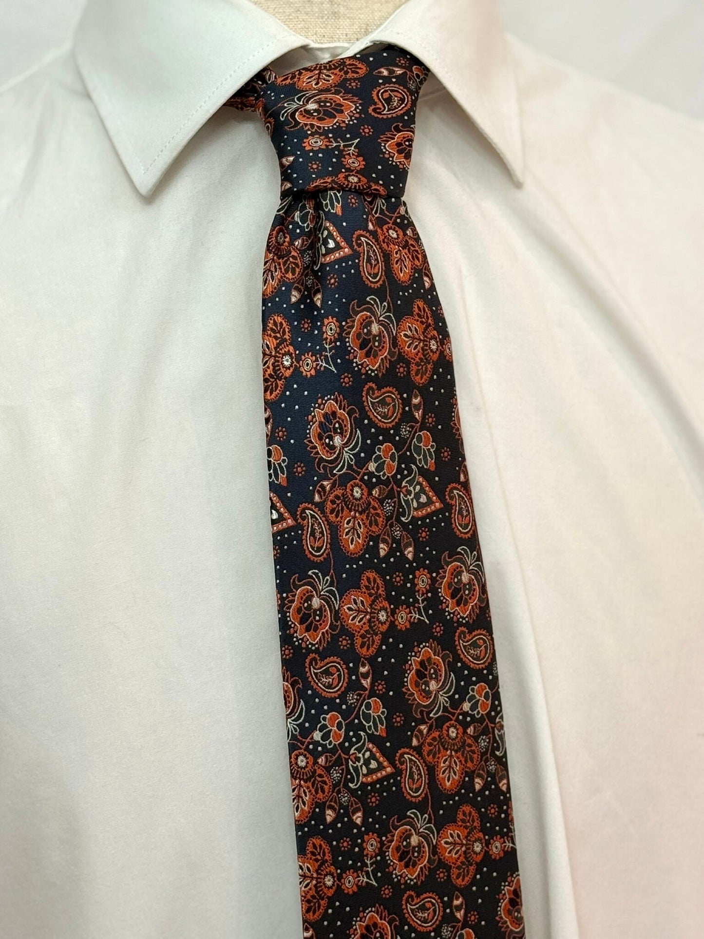 Burnt Orange and Black on Navy Paisley Necktie