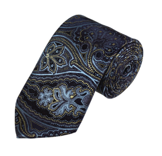 Steel Blue, Gold, and Navy Paisley Necktie