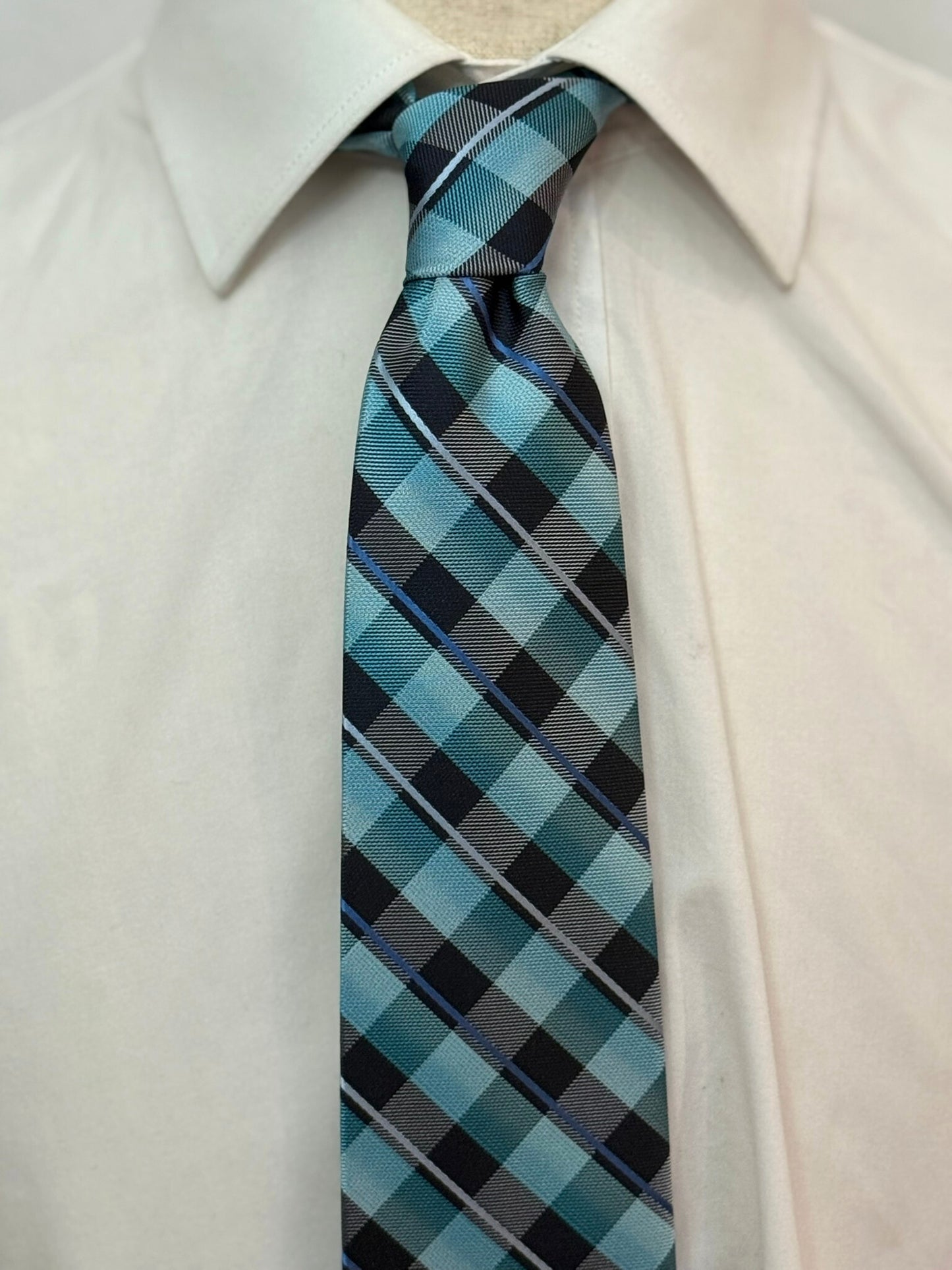 Multi Aqua Blue, Green, Black and Silver Plaid Necktie