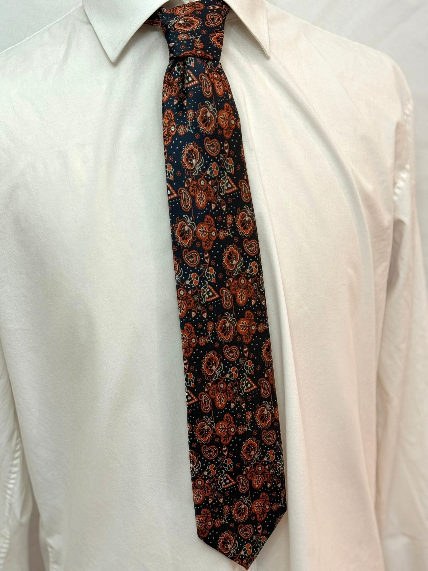 Burnt Orange and Black on Navy Paisley Necktie