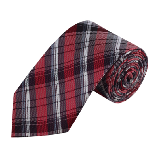 White, Gray, and Black Stripes on Red Plaid Necktie