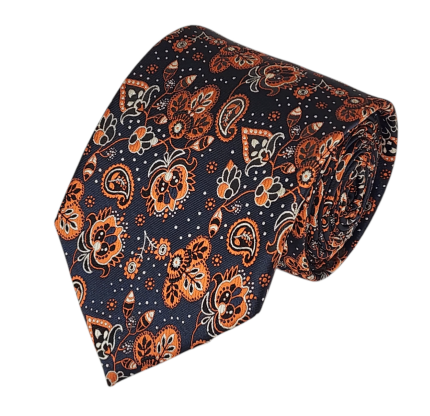 Burnt Orange and Black on Navy Paisley Necktie