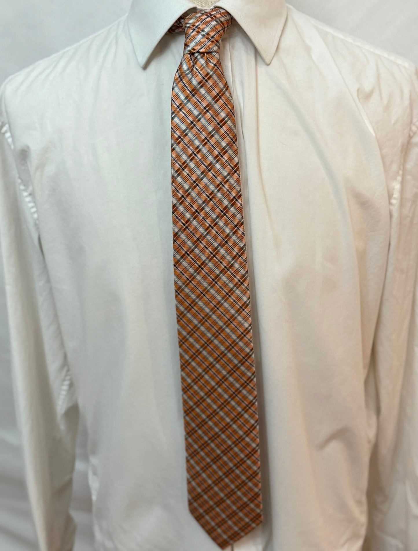 White, Powder Blue, and Navy on Orange Plaid Necktie
