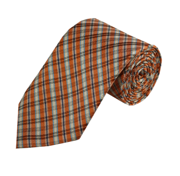 White, Powder Blue, and Navy on Orange Plaid Necktie