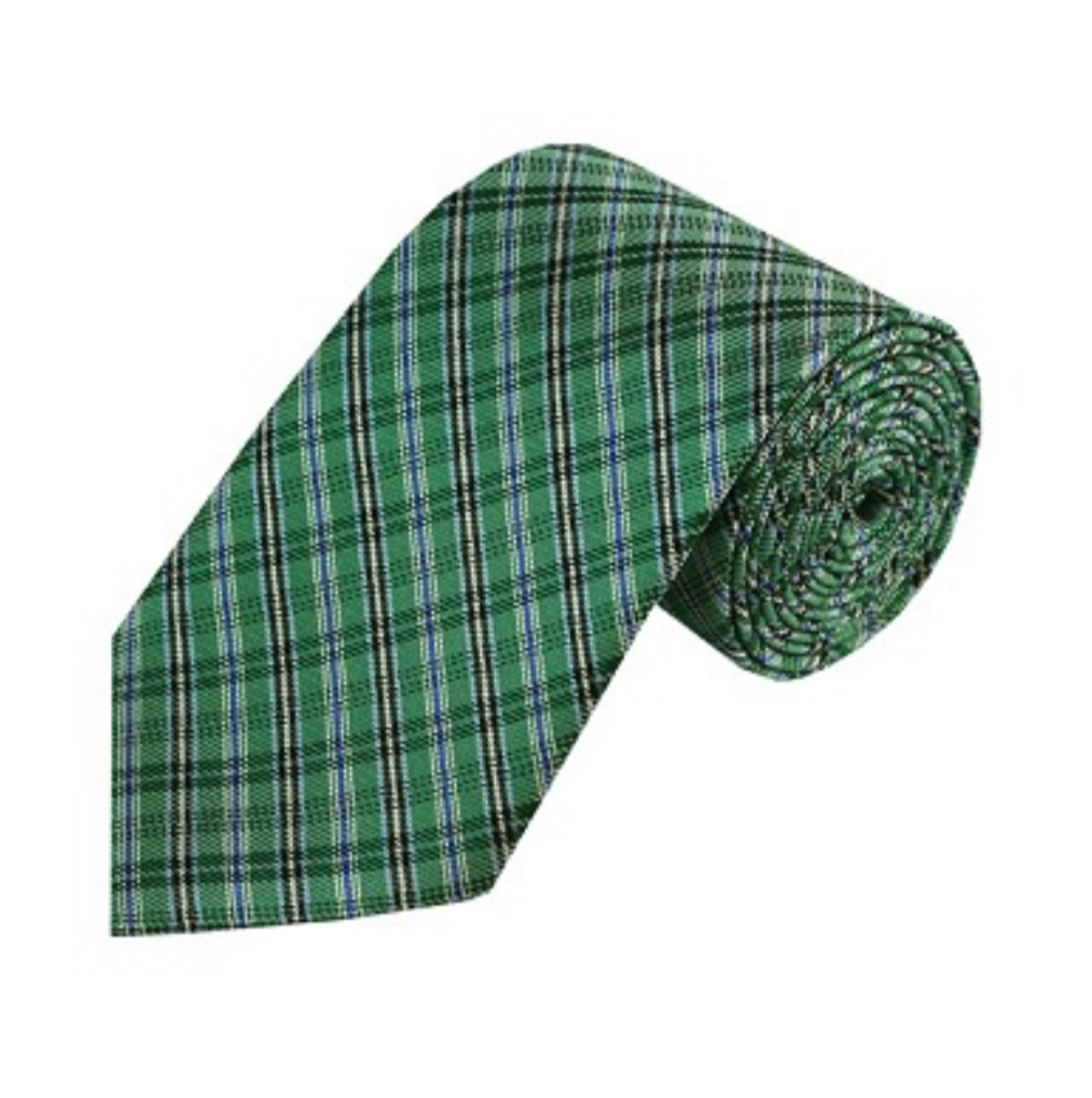 White, Black, Blue Multi Striped on Green Plaid Necktie