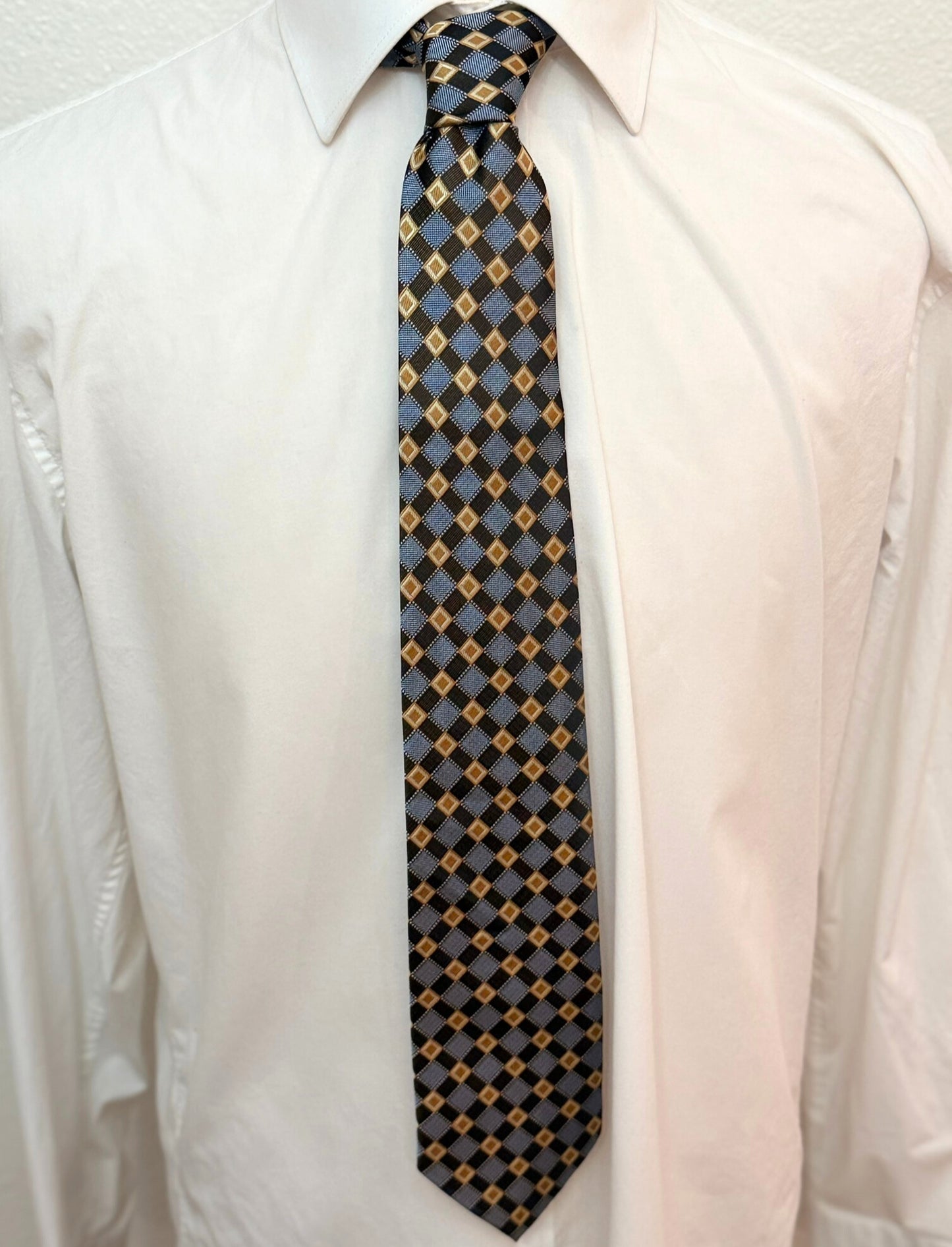 Honey Gold, Brown and Periwinkle Cross Check Necktie