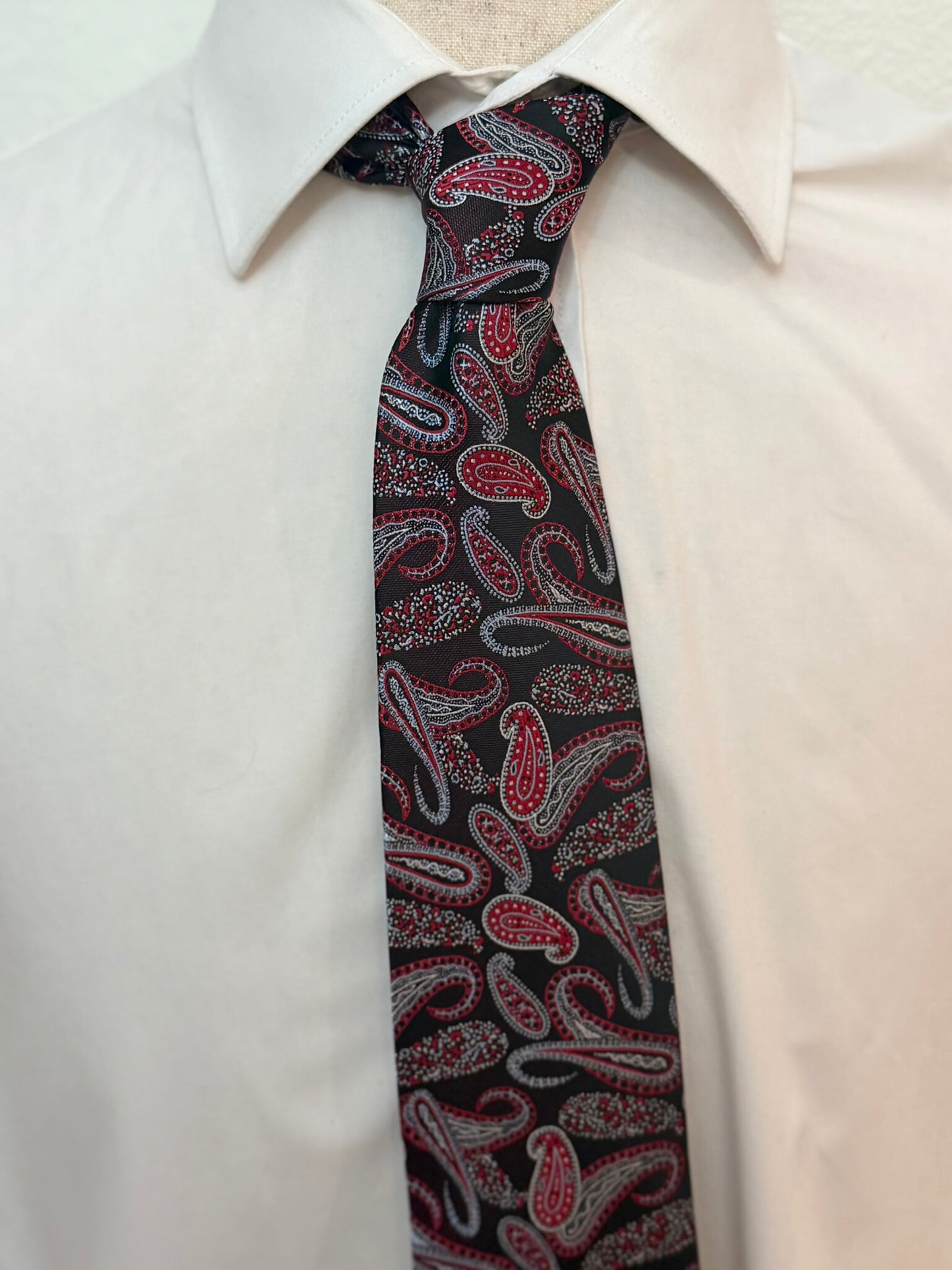 Red and Silver, on Red Paisley Necktie