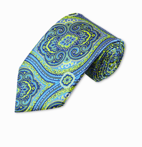 Lime Green and Steel Blue Paisley Necktie