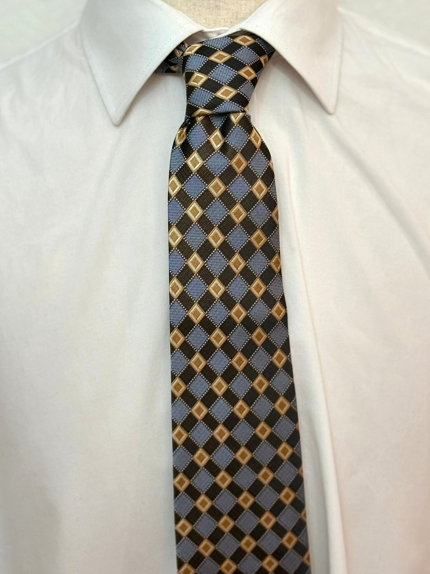Honey Gold, Brown and Periwinkle Cross Check Necktie