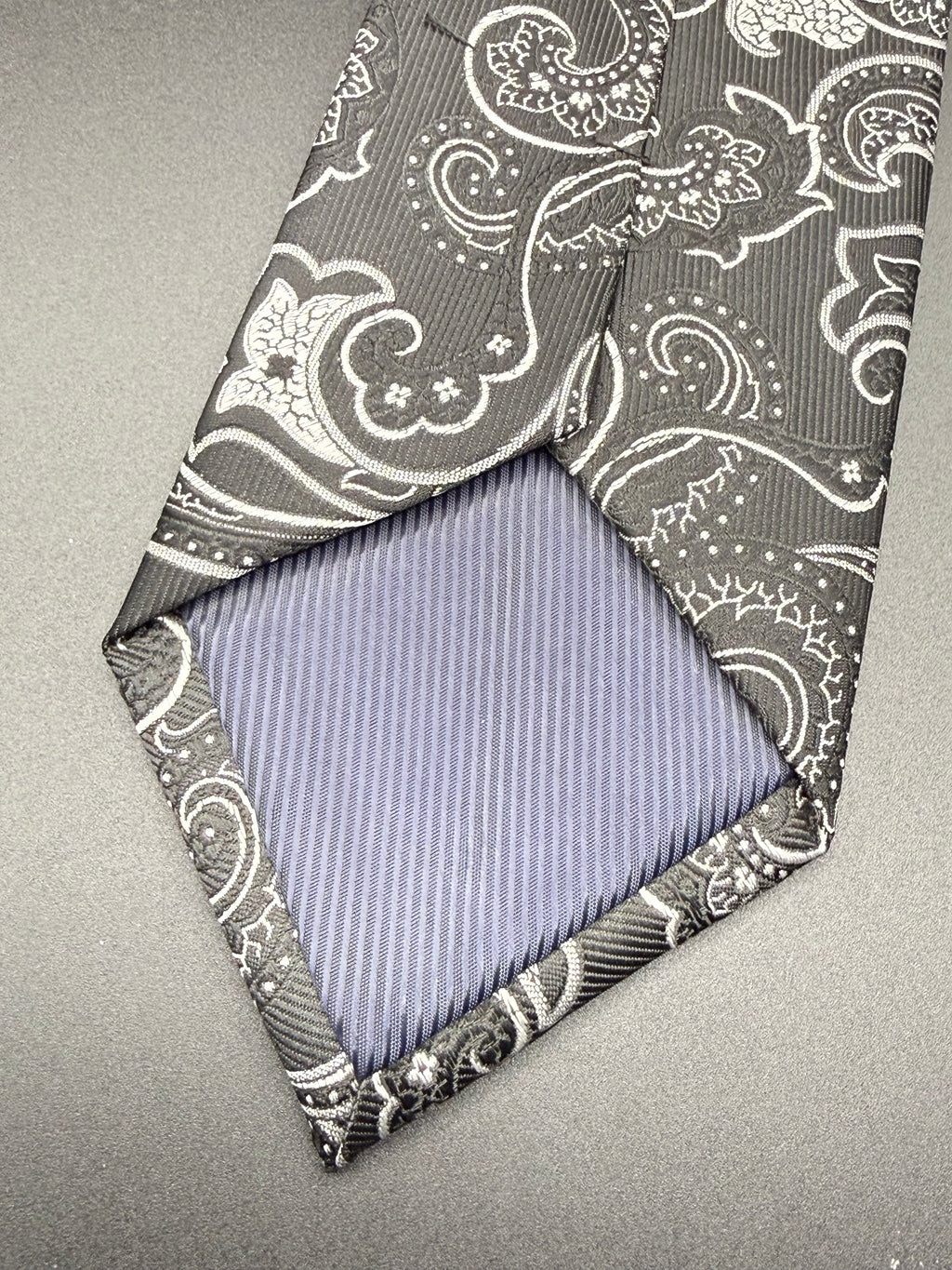 Silver and Black Paisley on Deep Black Necktie