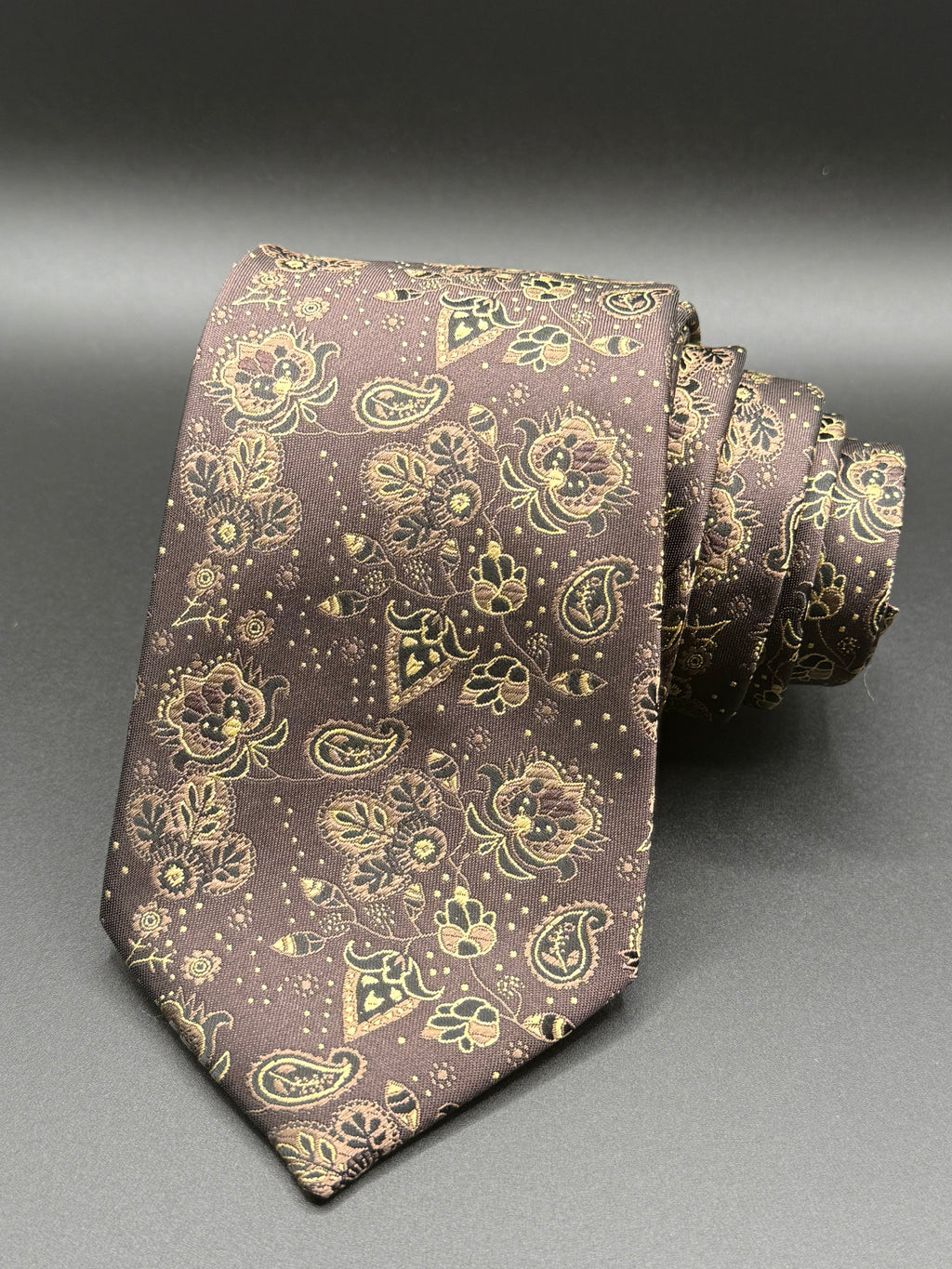 Tan, Black and Gold on Brown Cherry Blossom Paisley Necktie