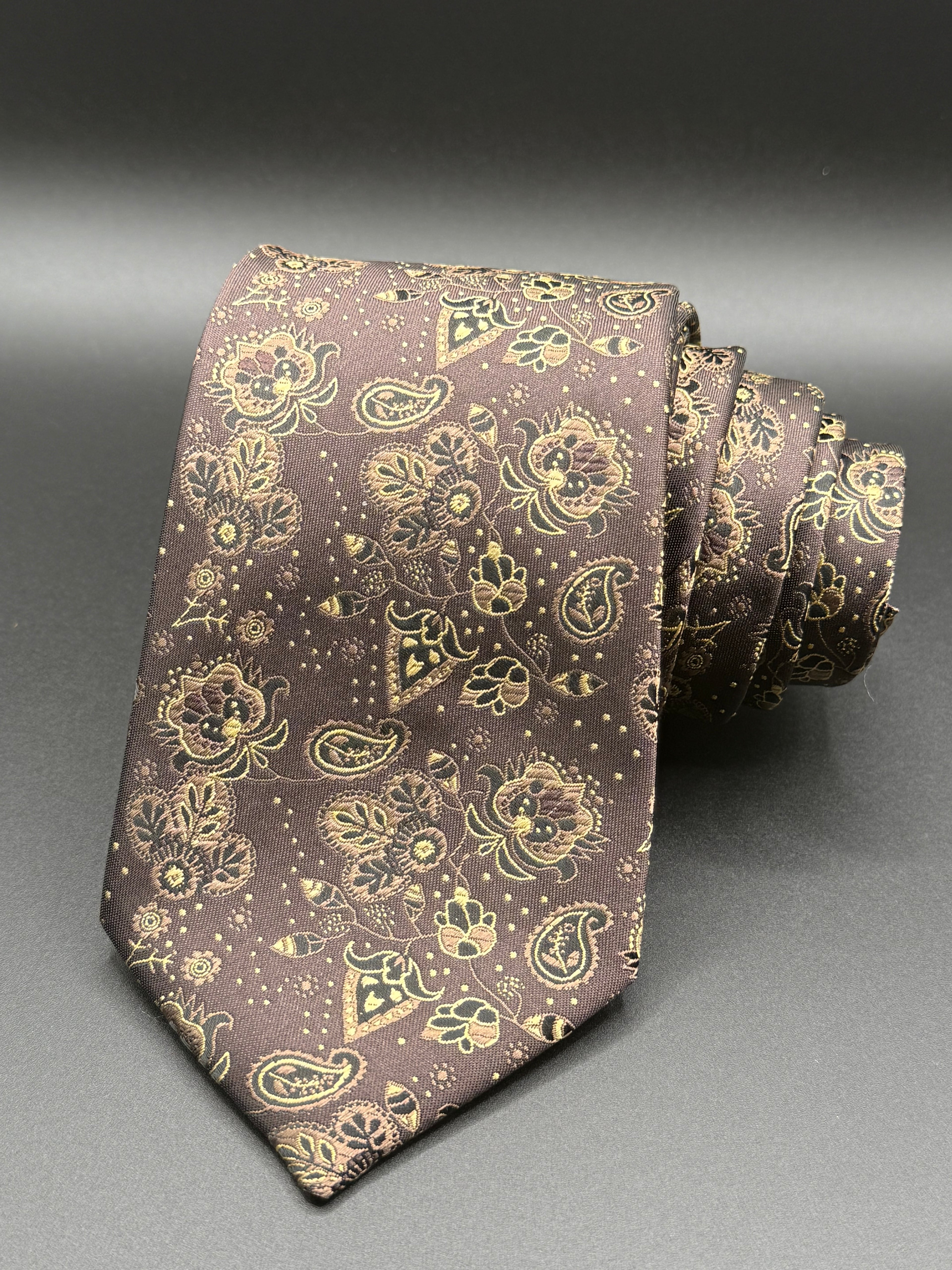 Tan, Black and Gold on Brown Cherry Blossom Paisley Necktie