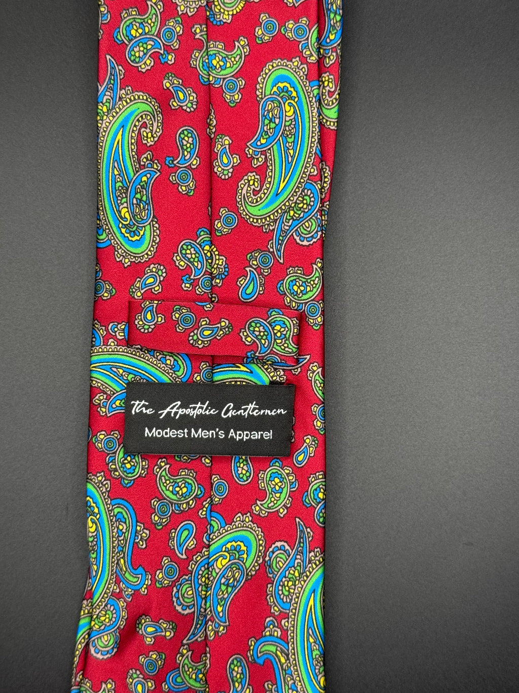 Lime Green, Yellow, and Turquoise Vintage Paisley on Red Necktie