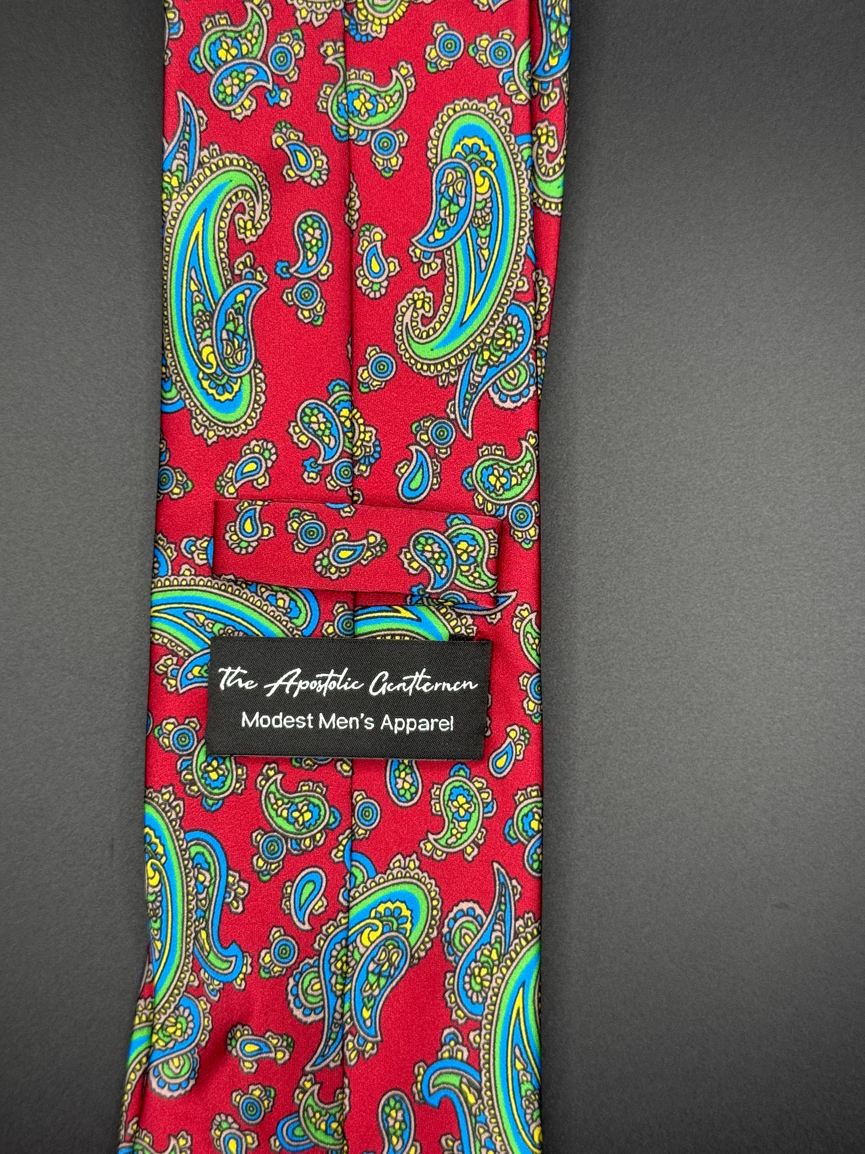 Lime Green, Yellow, and Turquoise Vintage Paisley on Red Necktie