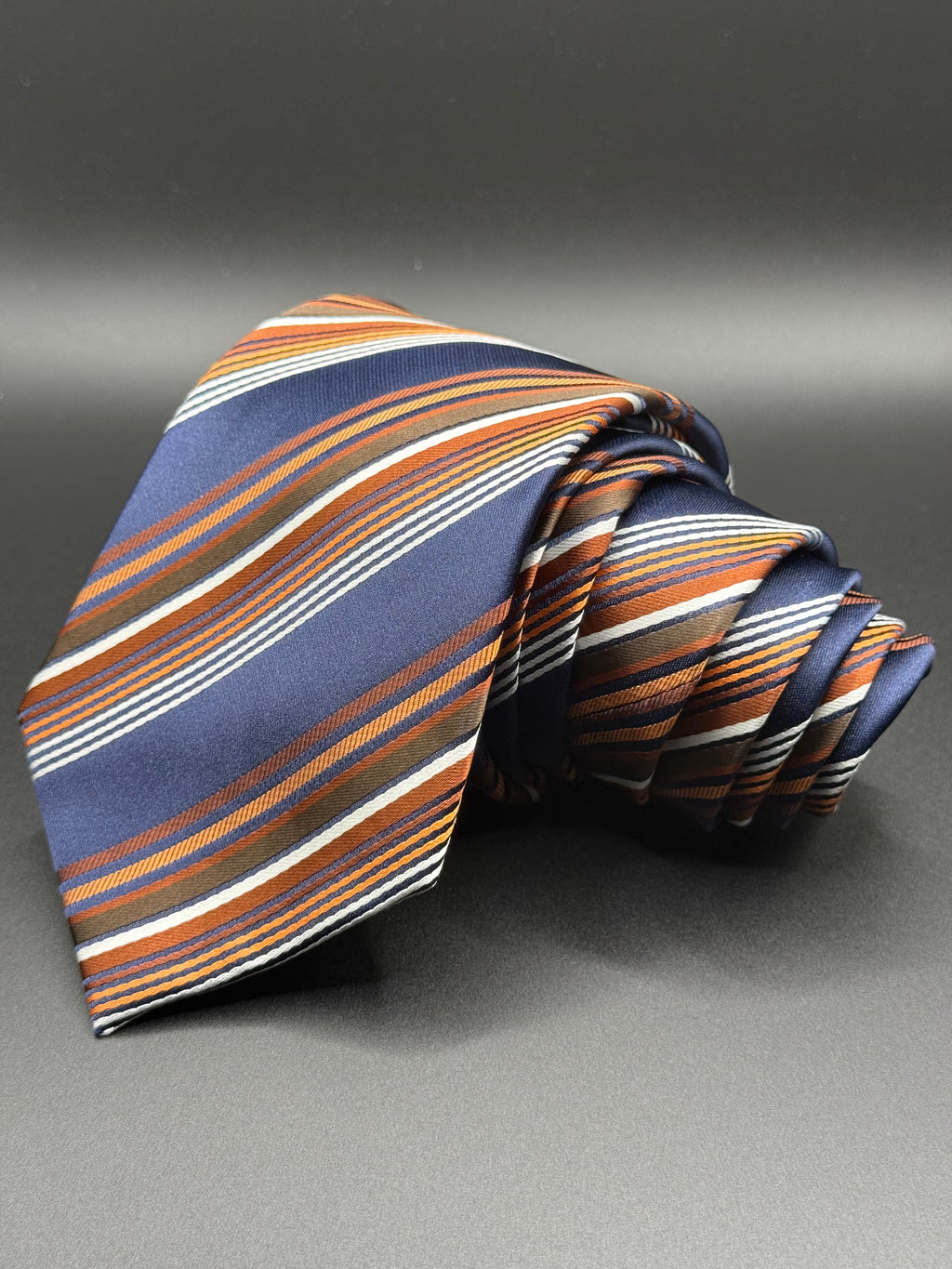 Navy, Copper, Burnt Orange, and Deep Brown Striped Necktie