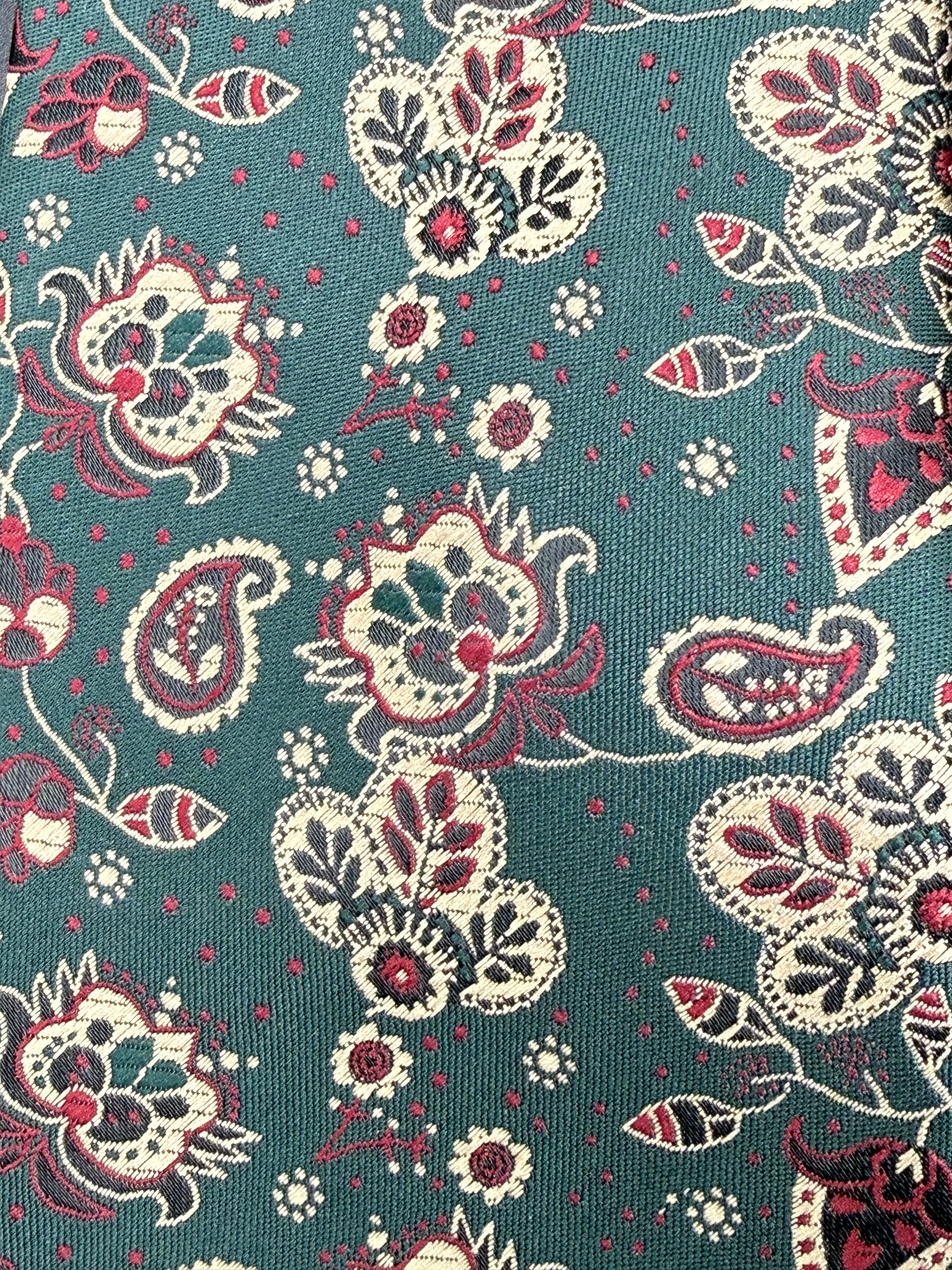 Cream, Gold, and Burgundy on Deep Green Cherry Blossom Paisley Necktie