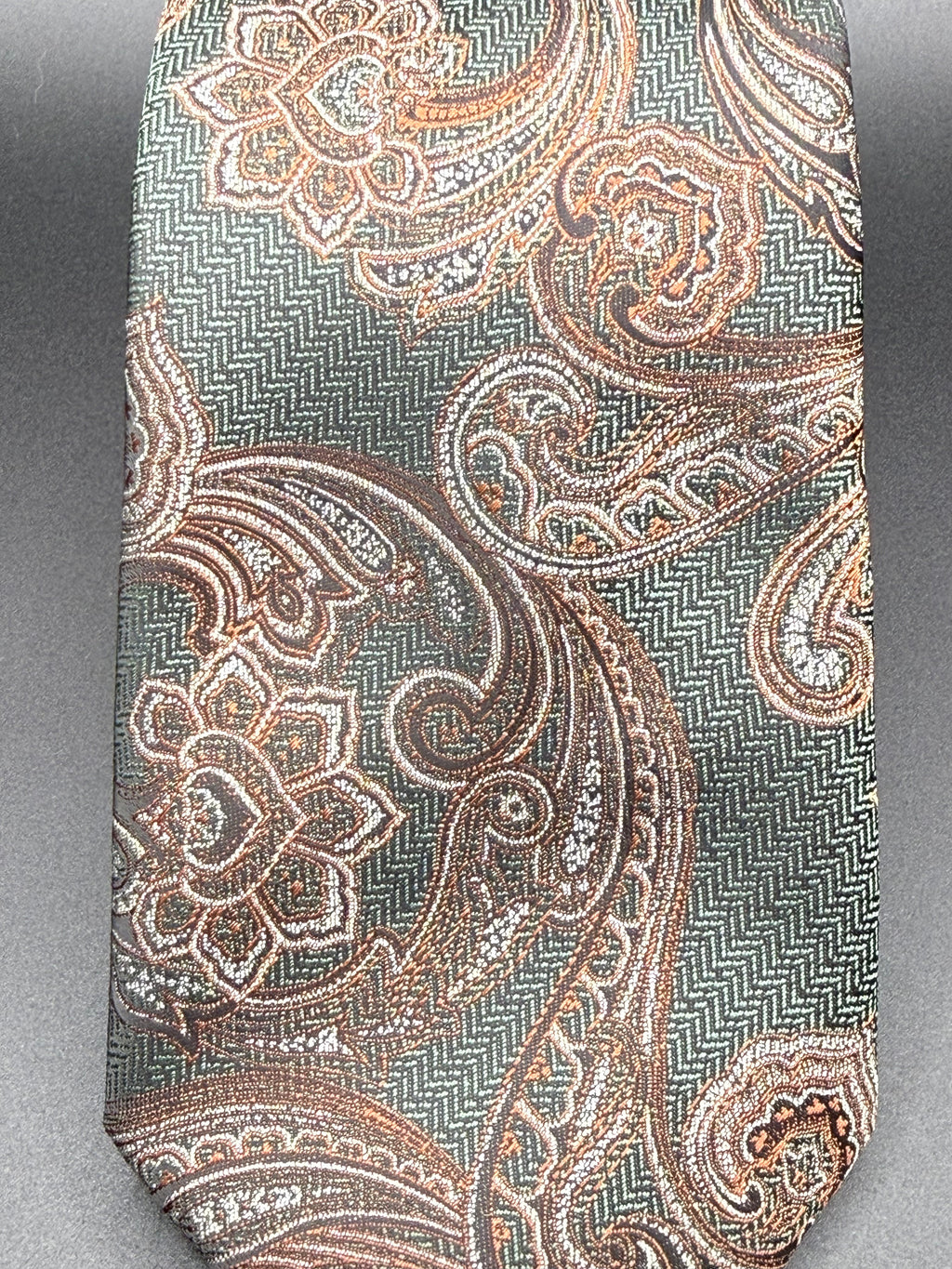 Brown and Silver Vintage Paisley on Deep Forest Green necktie
