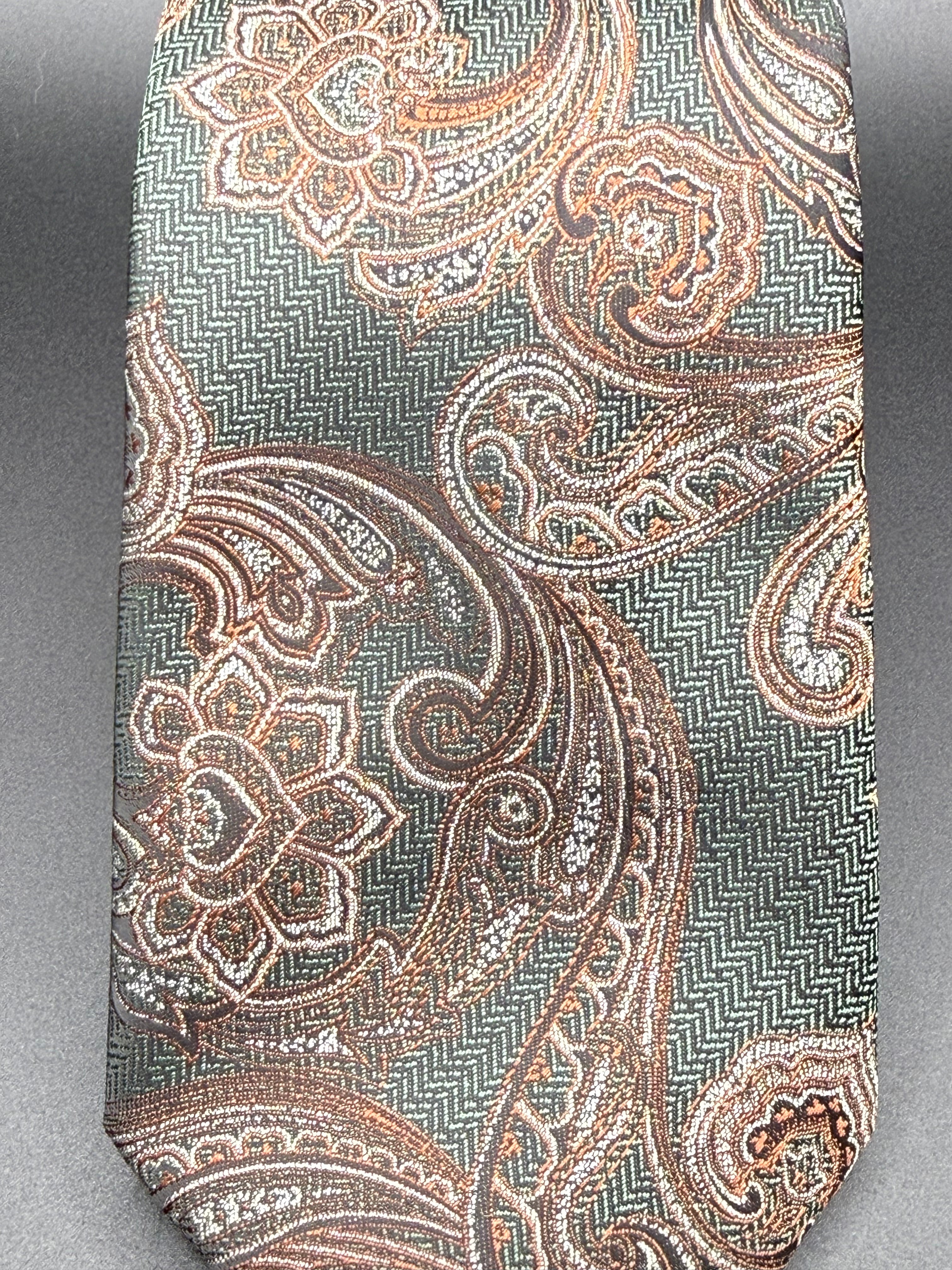 Brown and Silver Vintage Paisley on Deep Forest Green necktie