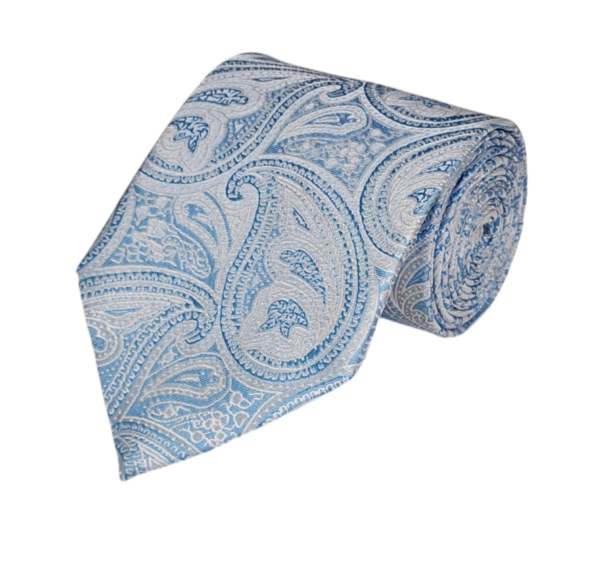 White and Sky Blue on Grey Paisley Necktie