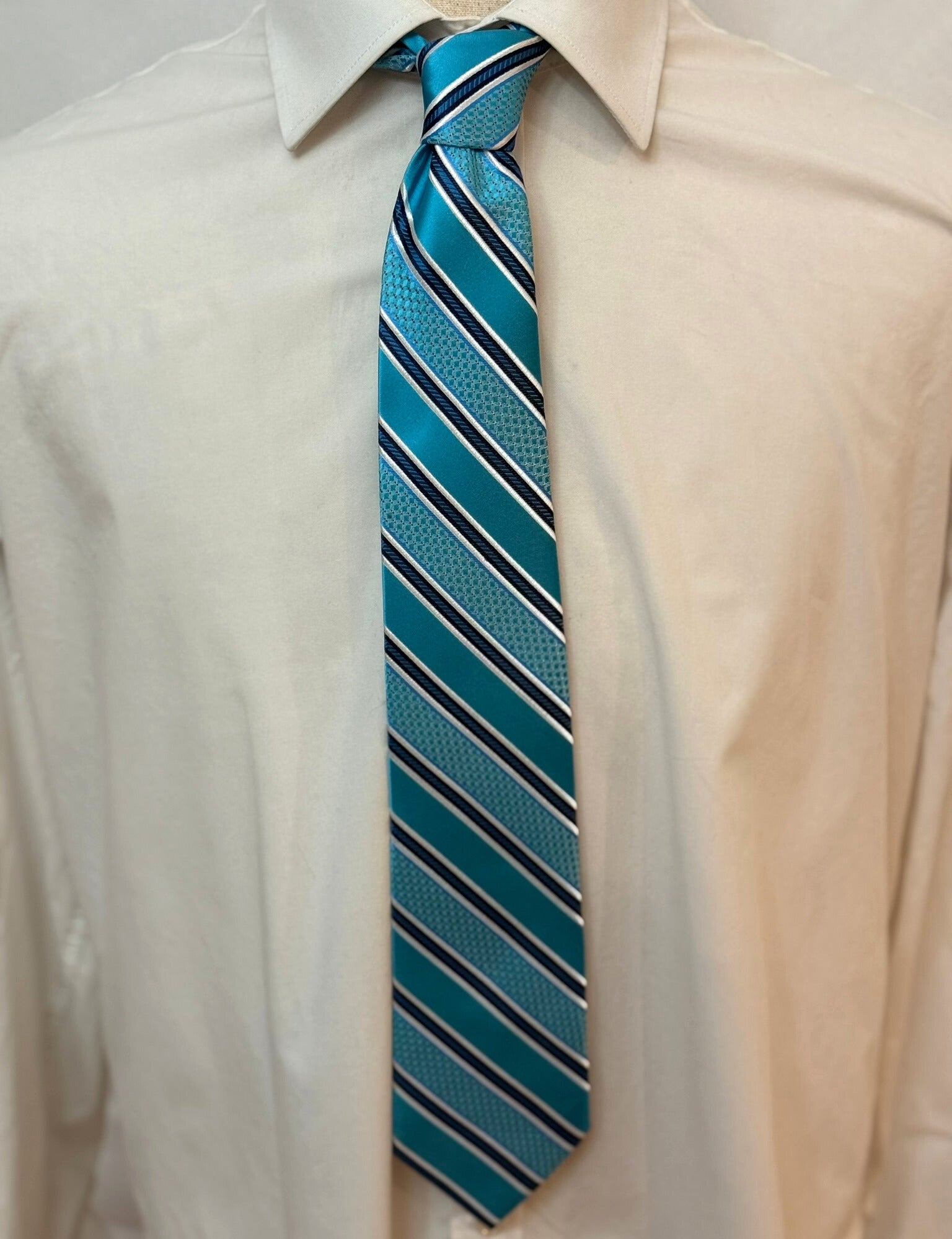 Aqua Blue, White, and Navy Striped Necktie