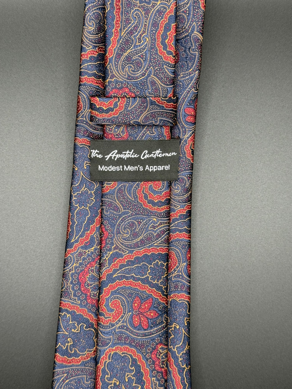 Coral Red, Cream, and Navy  Paisley on Slate Blue Necktie