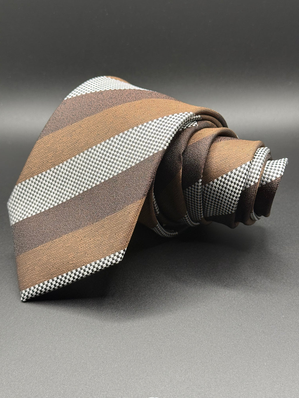 Chocolate Brown, Caramel, White and Black Checkered Striped Necktie