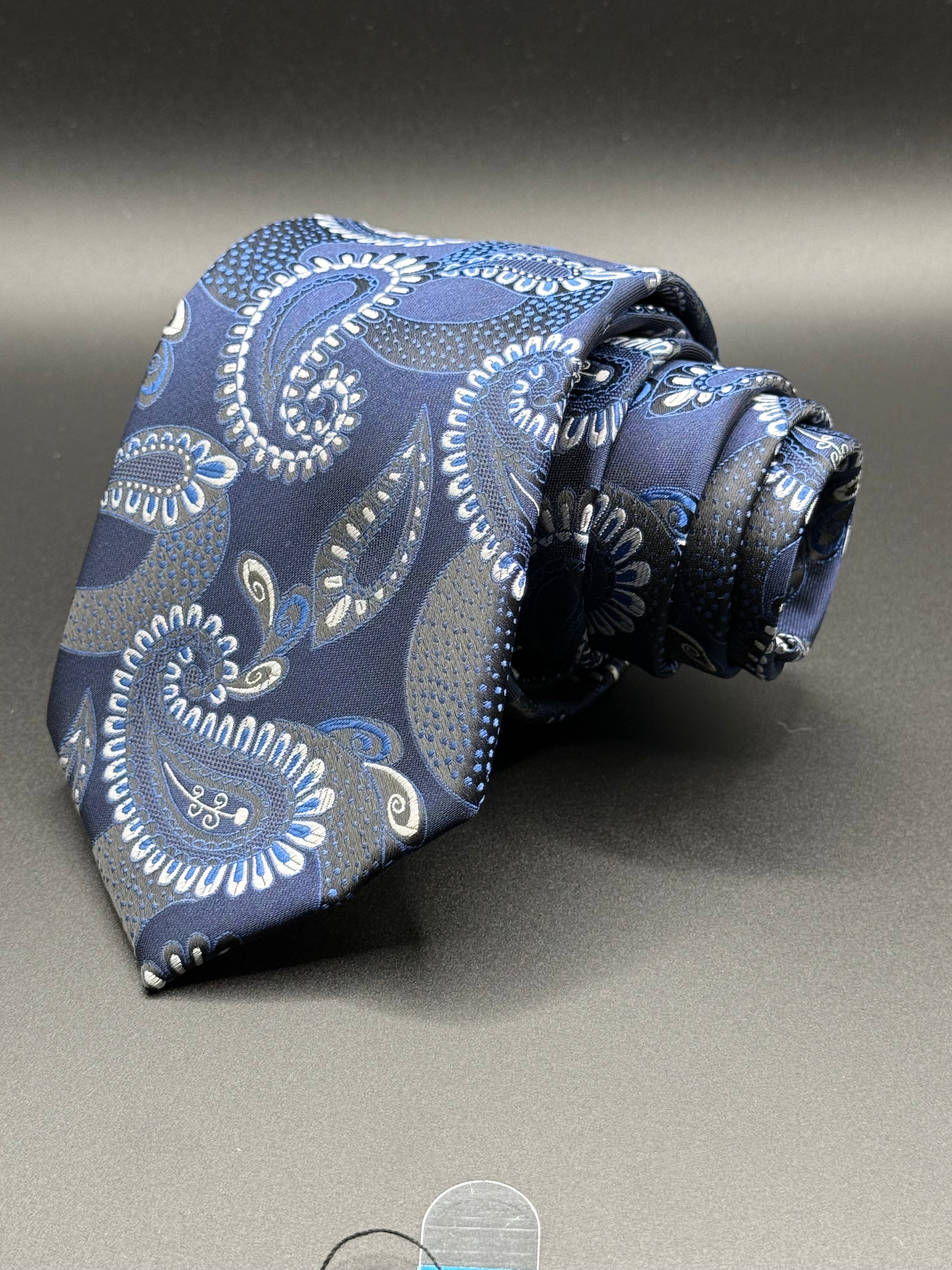 Steel Gray and Slate Blue Paisley on Navy Blue Necktie