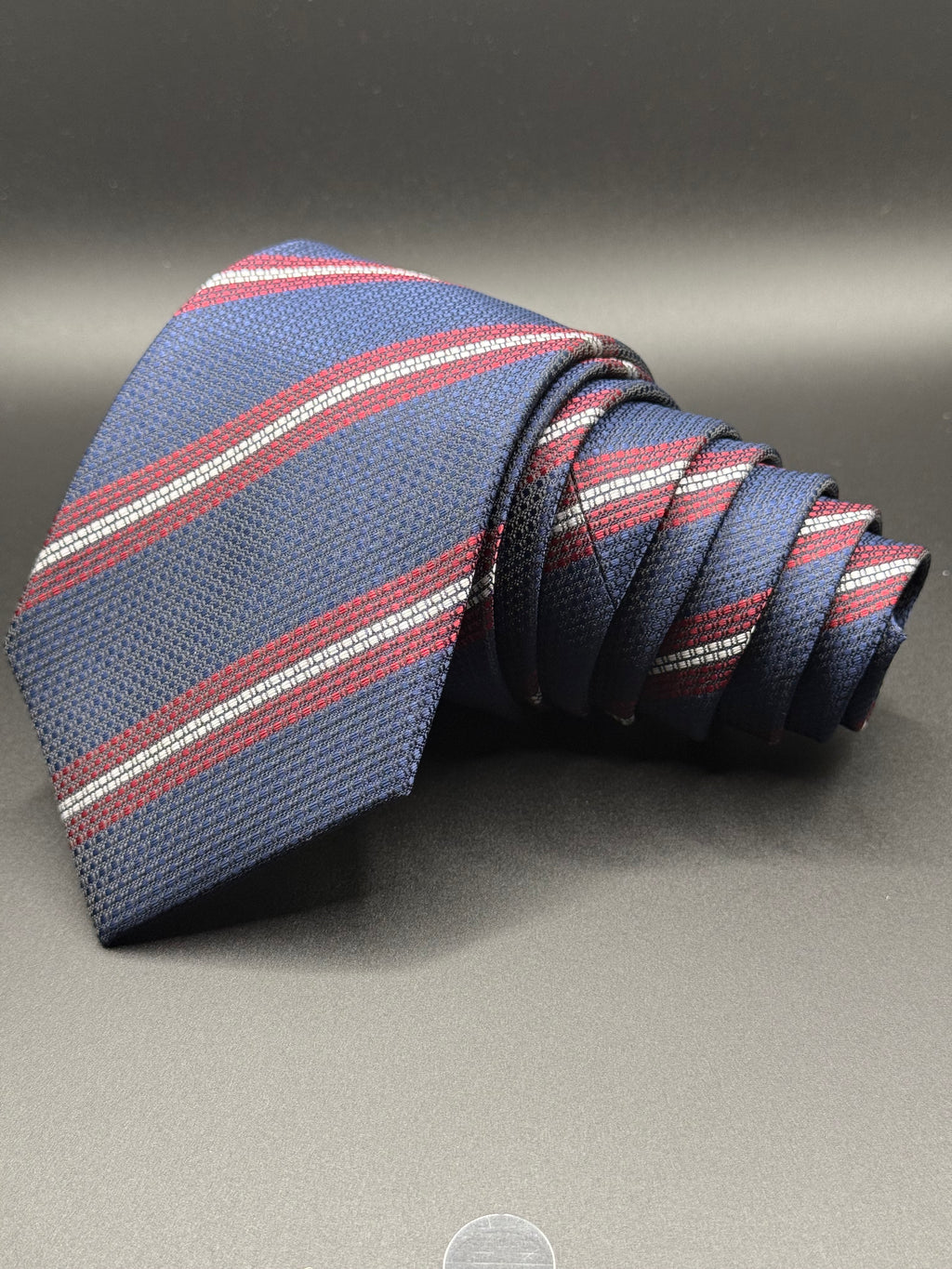 Navy, Burgundy, and Silver Stiped Necktie
