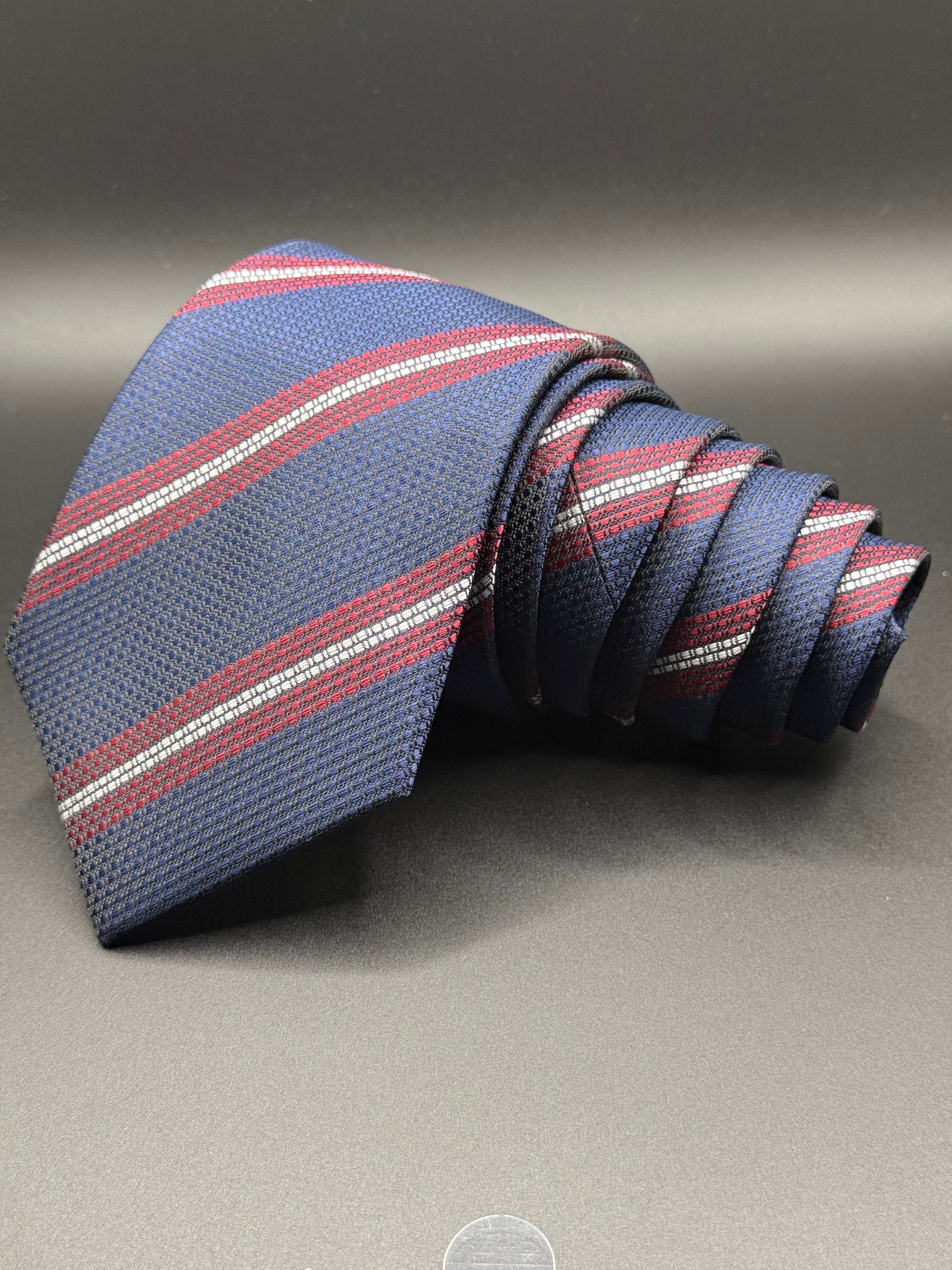Navy, Burgundy, and Silver Stiped Necktie