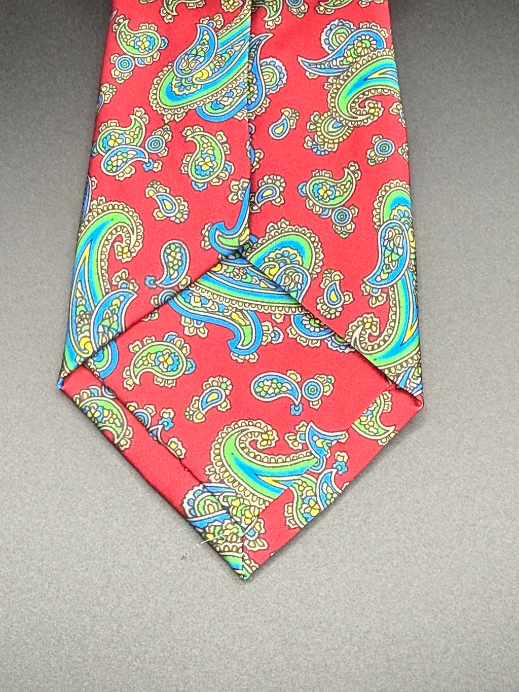 Lime Green, Yellow, and Turquoise Vintage Paisley on Red Necktie