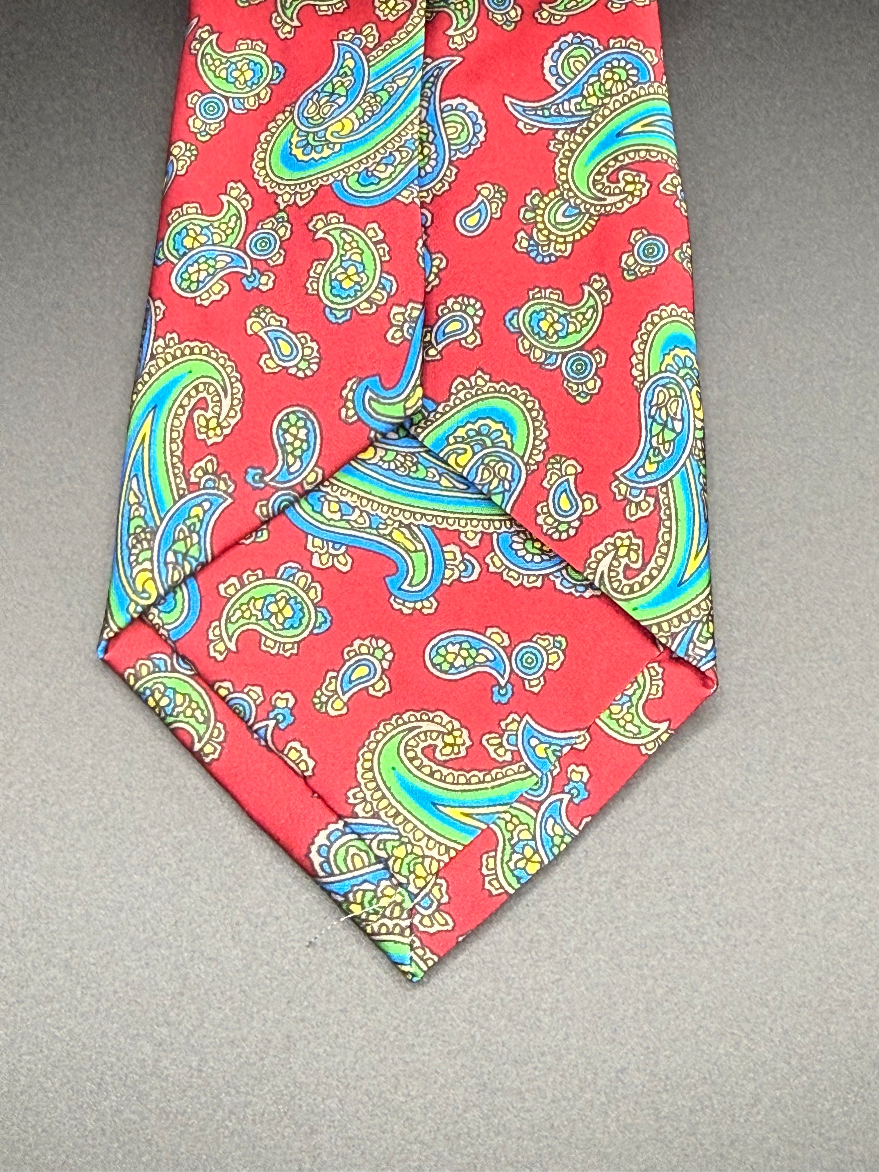 Lime Green, Yellow, and Turquoise Vintage Paisley on Red Necktie