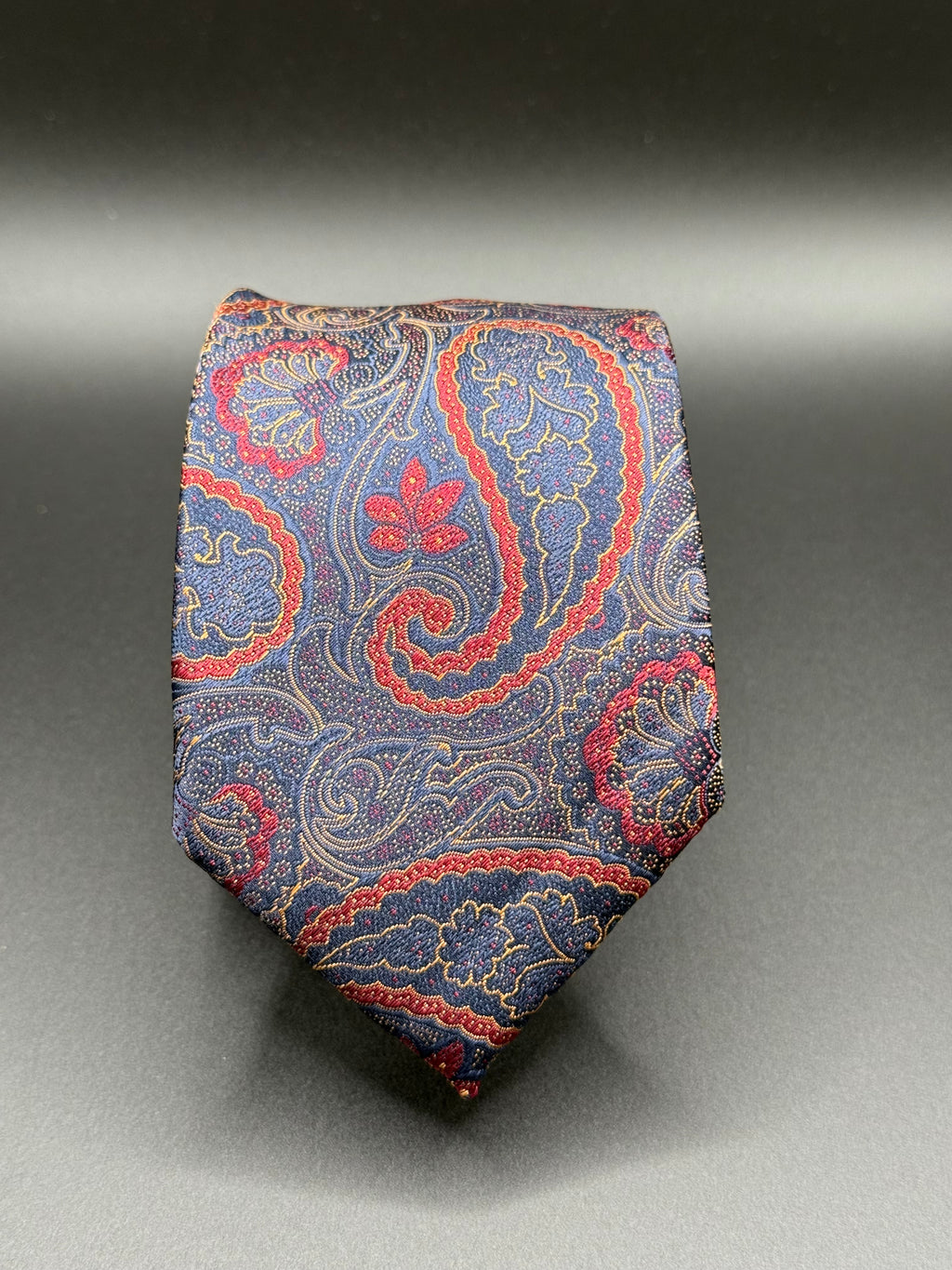 Coral Red, Cream, and Navy  Paisley on Slate Blue Necktie