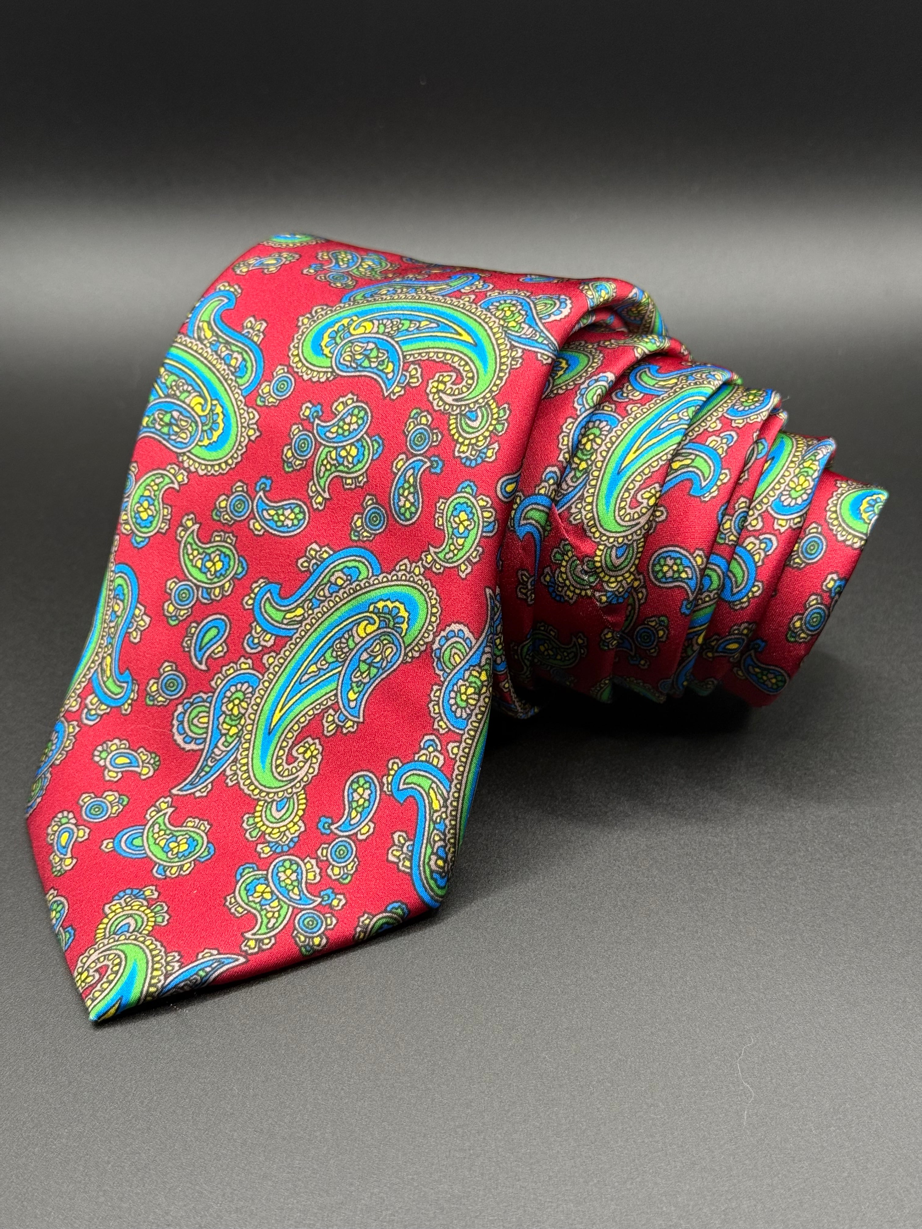 Lime Green, Yellow, and Turquoise Vintage Paisley on Red Necktie
