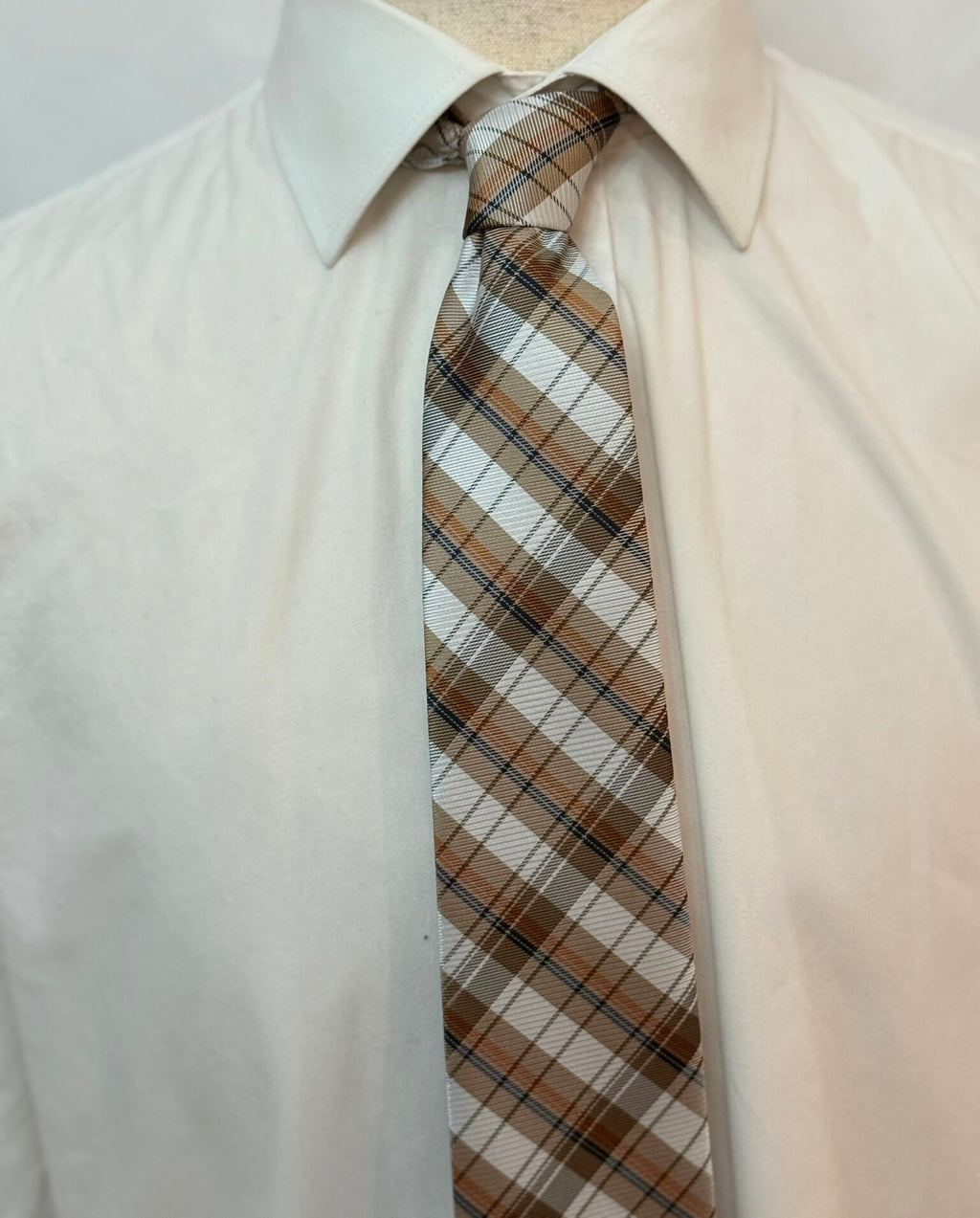Red, Blue, and White Stripes On Tan Plaid Necktie