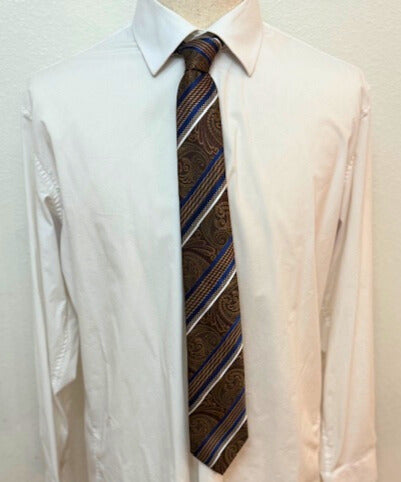 Brown, bronze Paisley & Blue-Cream Chevron Striped Necktie